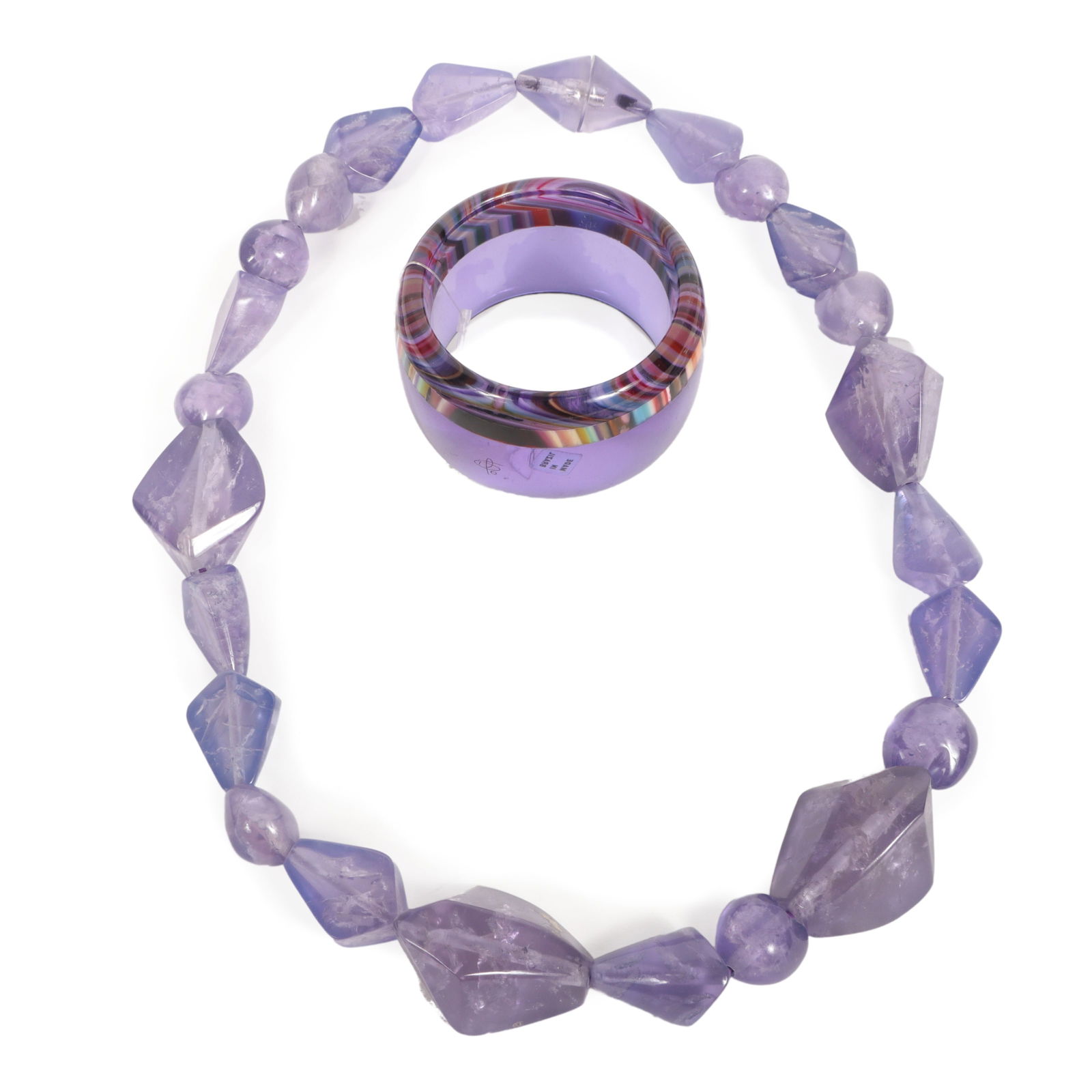 Monies chunky lavender purple acrylic bead necklace with Carlos Sobral laminated resin bangle cuff (1 of 12)