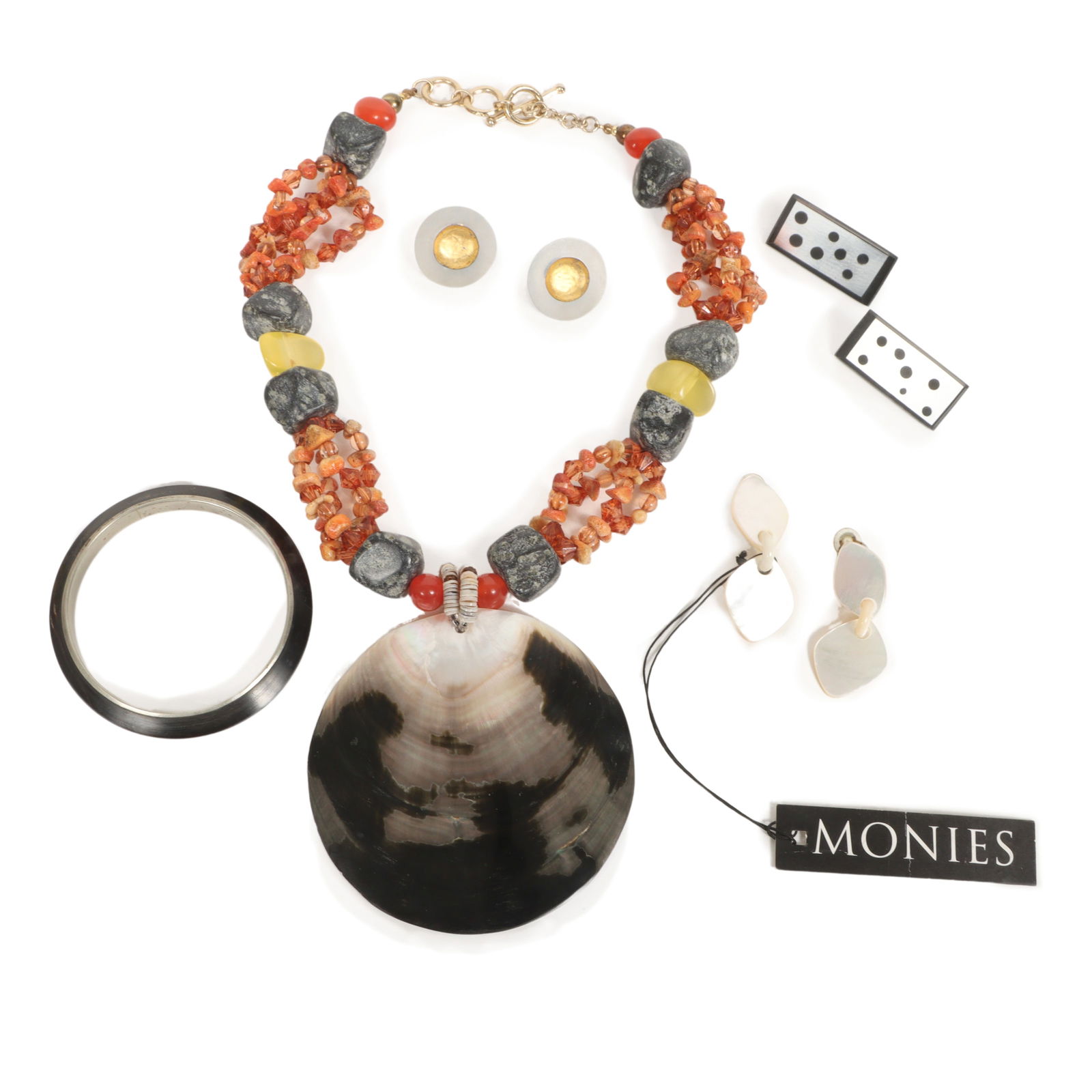 Vintage designer Jewelry 5pc group: Monies MOP link dangle earrings, huge shell and natural stone (1 of 16)