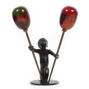 Richard Rohac/Hagenauer Wiener Werkstatte bronze African boy Figural marbled Bakelite Salt and: Richard Rohac/Hagenauer Wiener Werkstatte bronze African boy Figural marbled Bakelite Salt and Pepper Shakers Holder. 'Stehender afrikanischer Junge' 4 5/8"H x 3 3/4"W