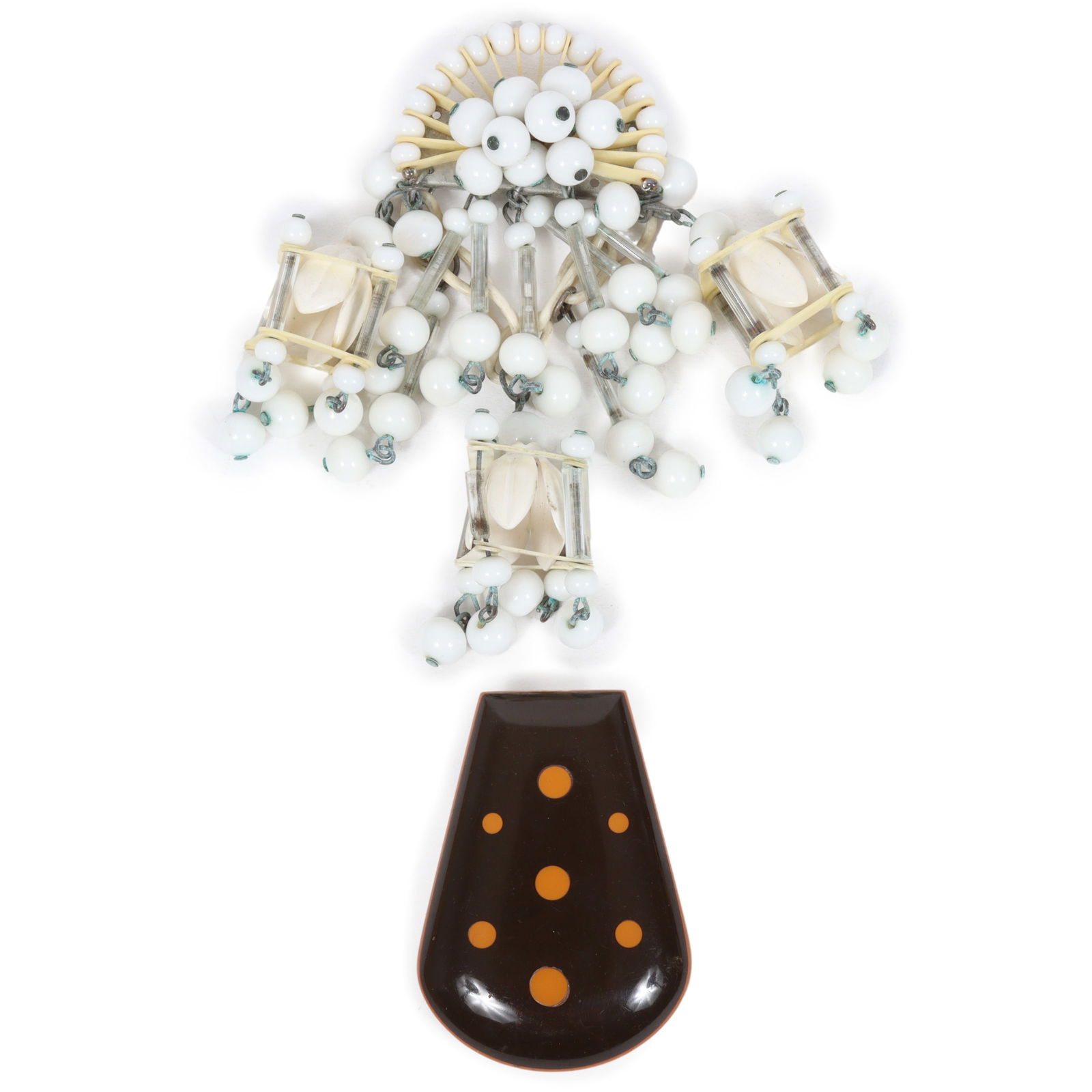 Vintage chocolate polka dot Bakelite dress clip with large Czech glass beaded dimensional brooch. (1 of 5)