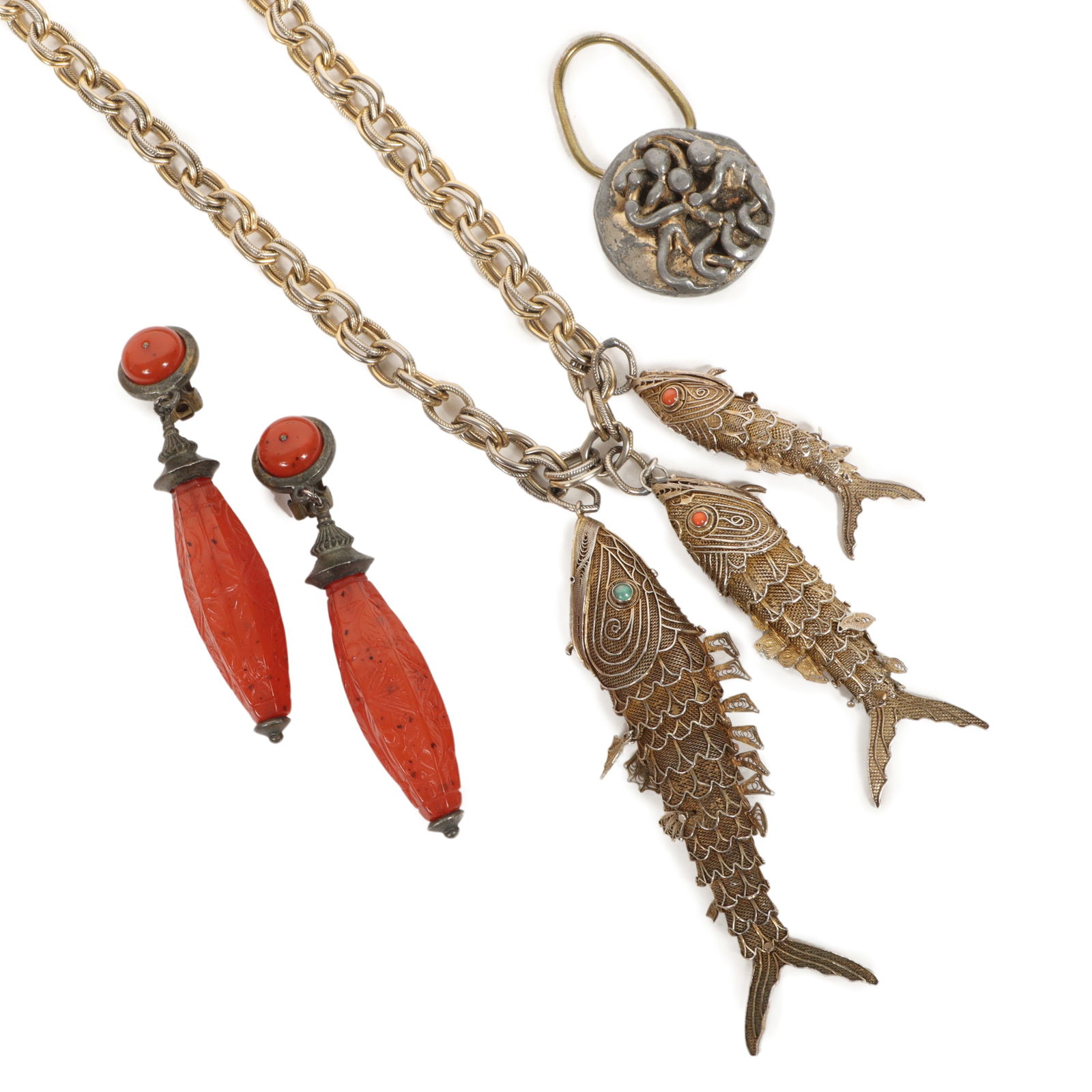 Vintage costume jewelry 3pc group: Ben Amun dangle earrings, sterling silver articulated filigree (1 of 16)