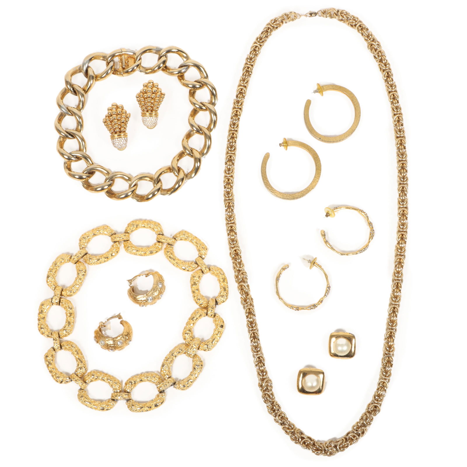 Costume jewelry 8pc gold tone group including: complex fancy chain necklace, Ciner faux pearl (1 of 14)