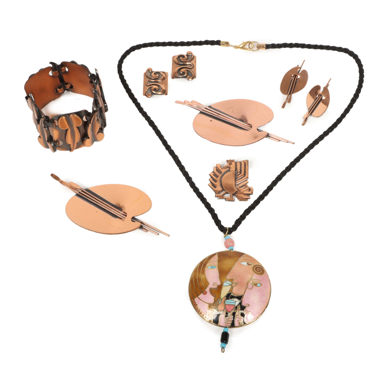 Modernist copper 7pc jewelry group including Renoir paint palette brooches and matching earrings, (1 of 14)