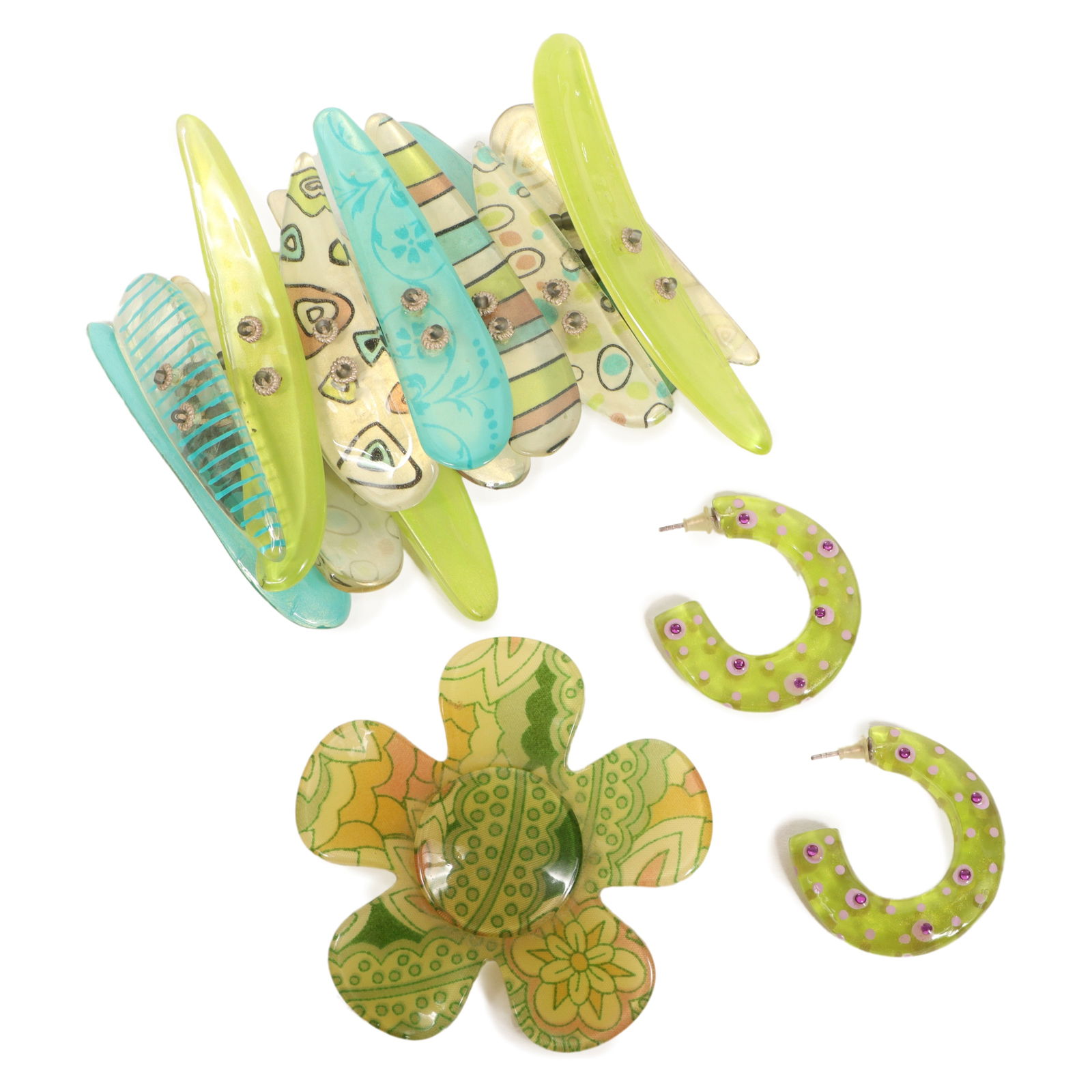Orna Lalo resin panel stretch bracelet with resin flower brooch and complementary earrings. (1 of 8)