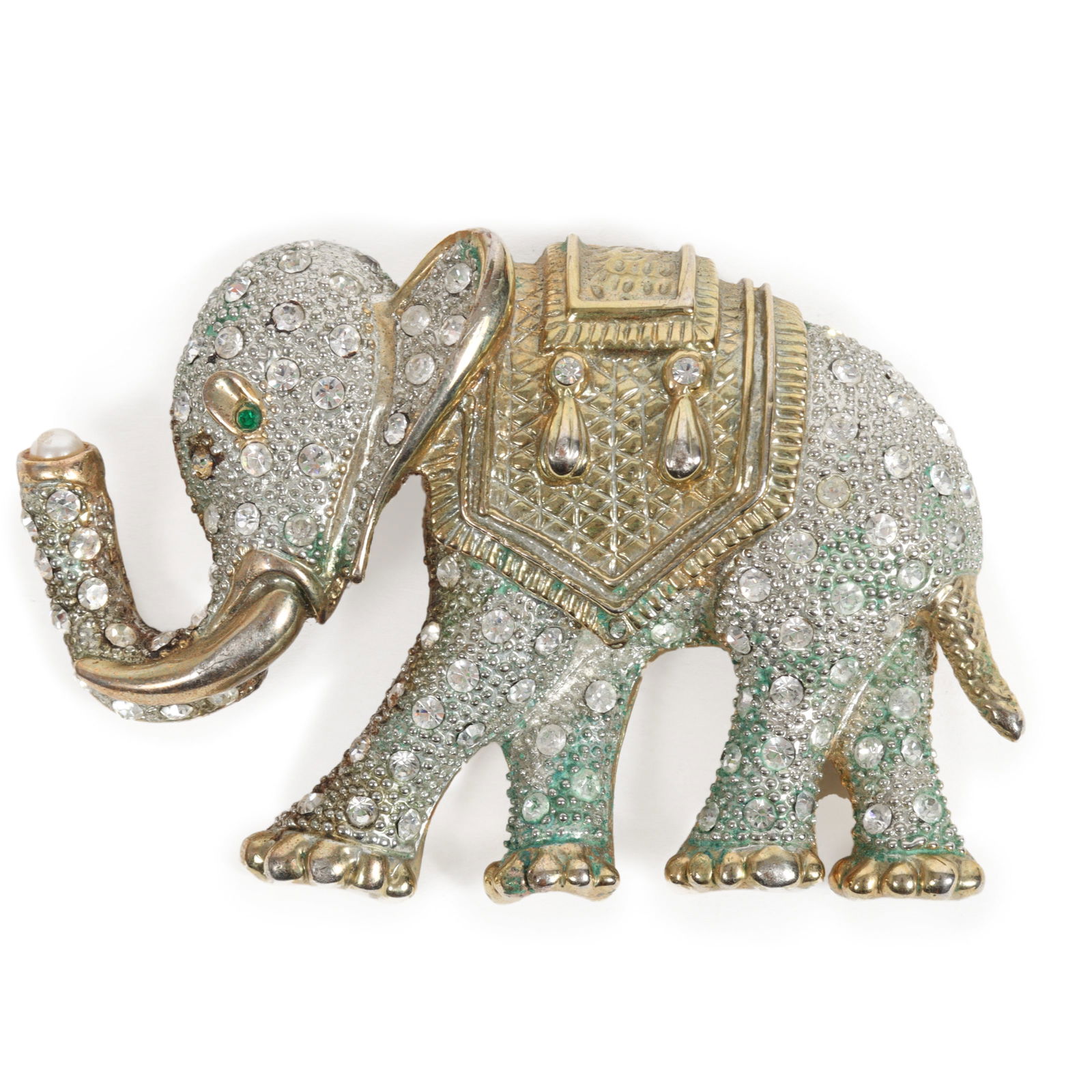 Huge Vintage gold tone and pave rhinestone figural Elephant Pin Brooch with pearl in trunk. (1 of 6)