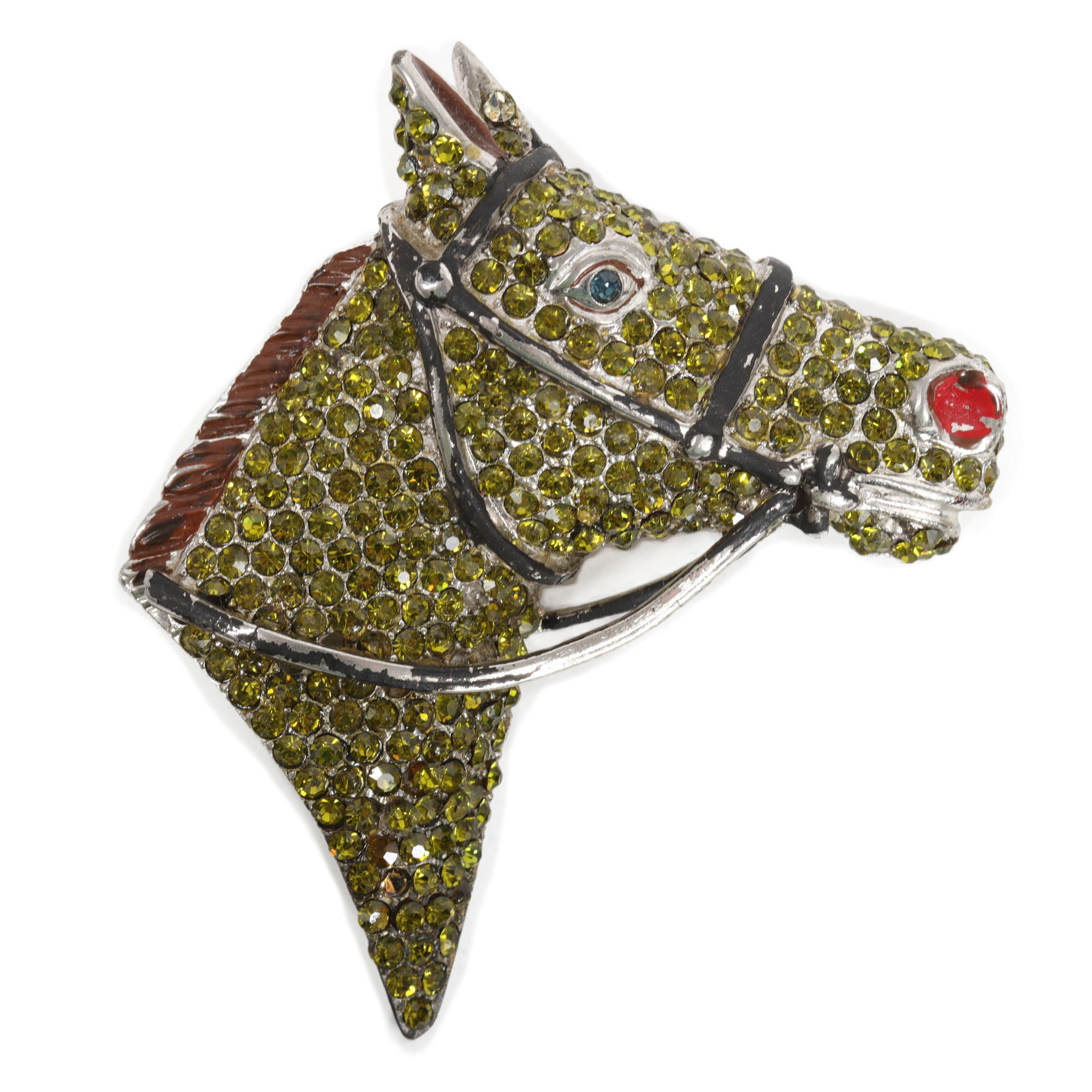 Vintage Coro figural horse head profile pin brooch with green pave rhinestones, enamel, and (1 of 7)