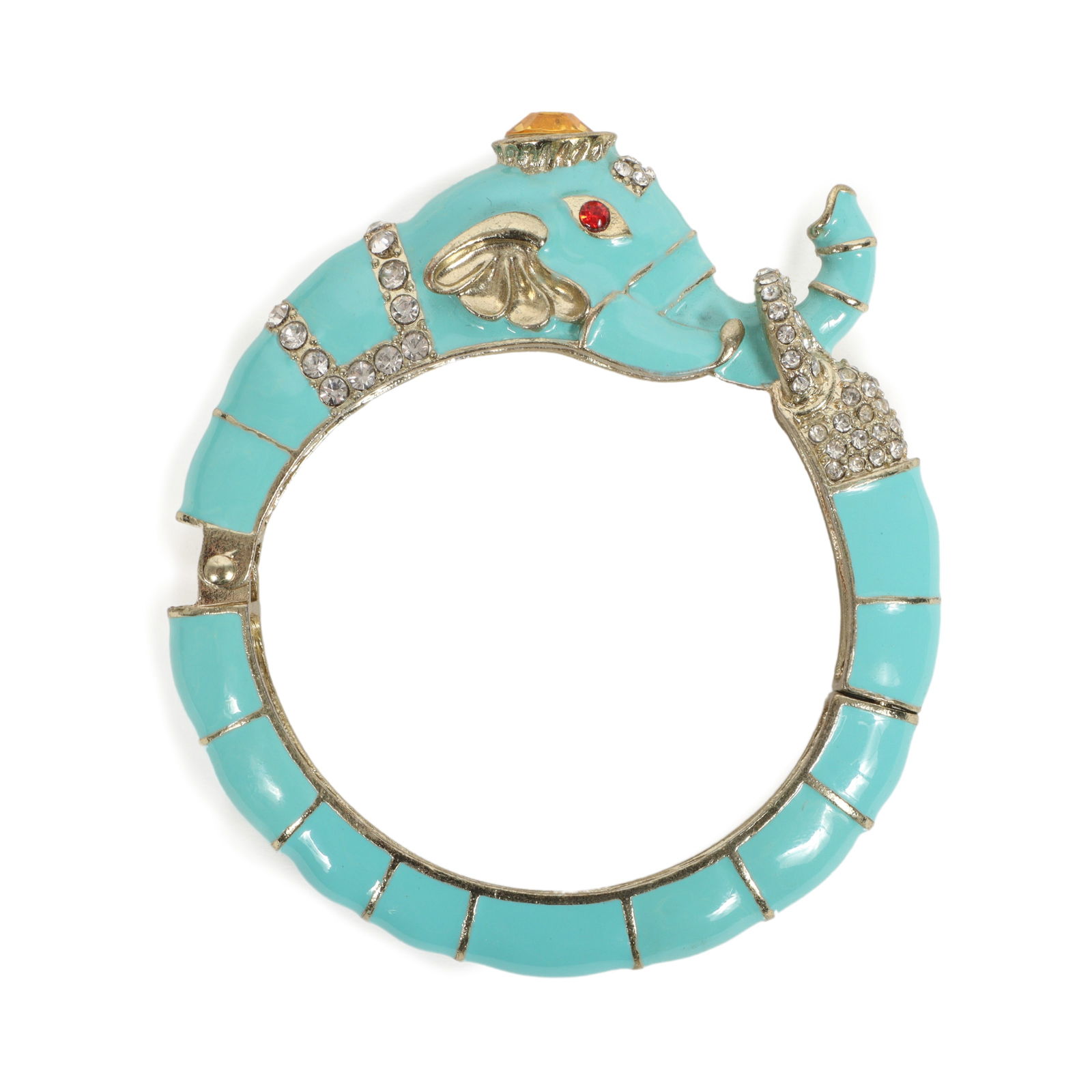 Enamel and rhinestone figural turquoise elephant hinged bracelet. (1 of 7)