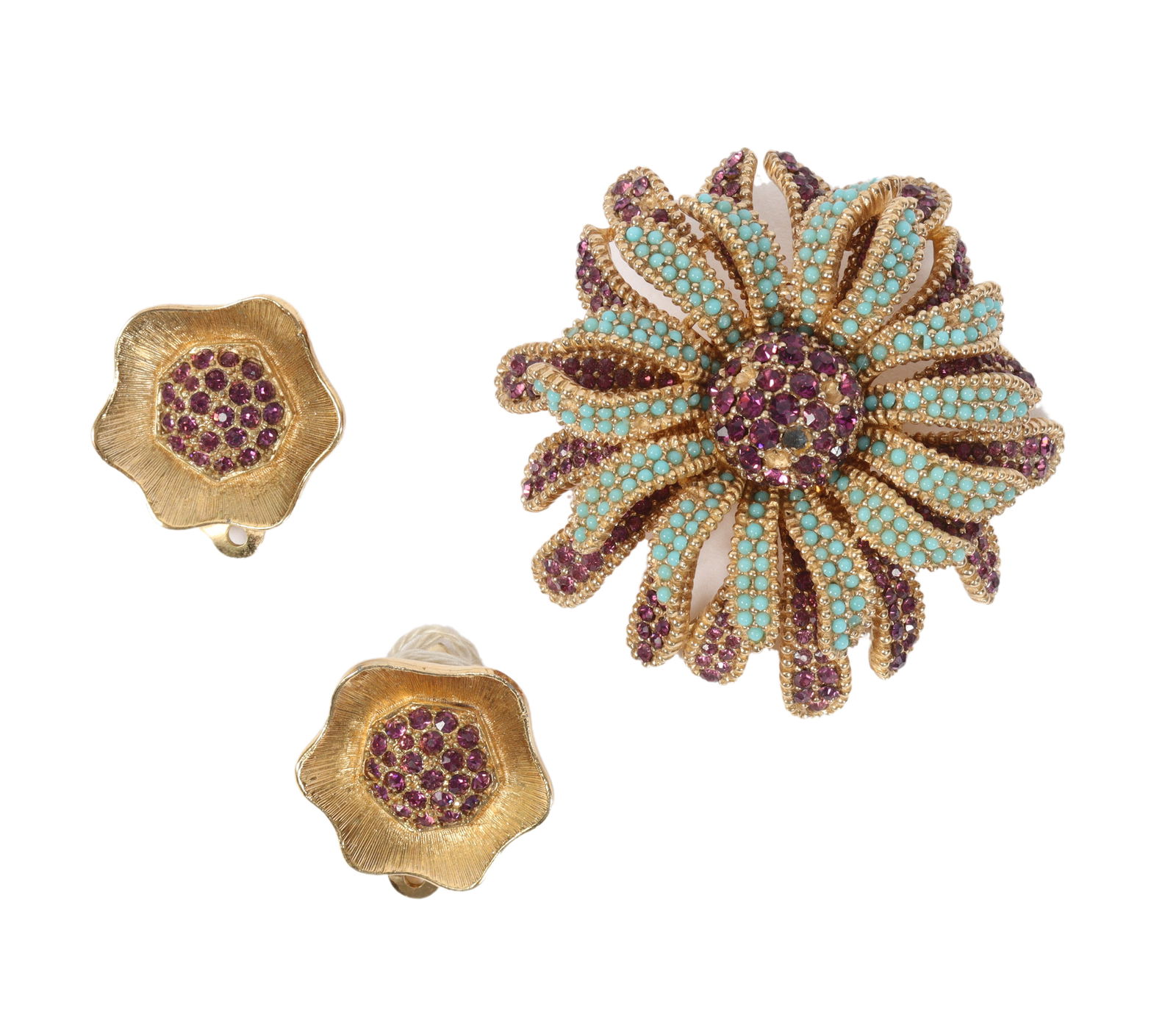 Joseph Mazer purple rhinestone earrings with original tag and Ciner pave layered flower pin brooch;: Joseph Mazer purple rhinestone earrings with original tag and Ciner pave layered flower pin brooch; missing several center stones. 2"H x 2"W (brooch)