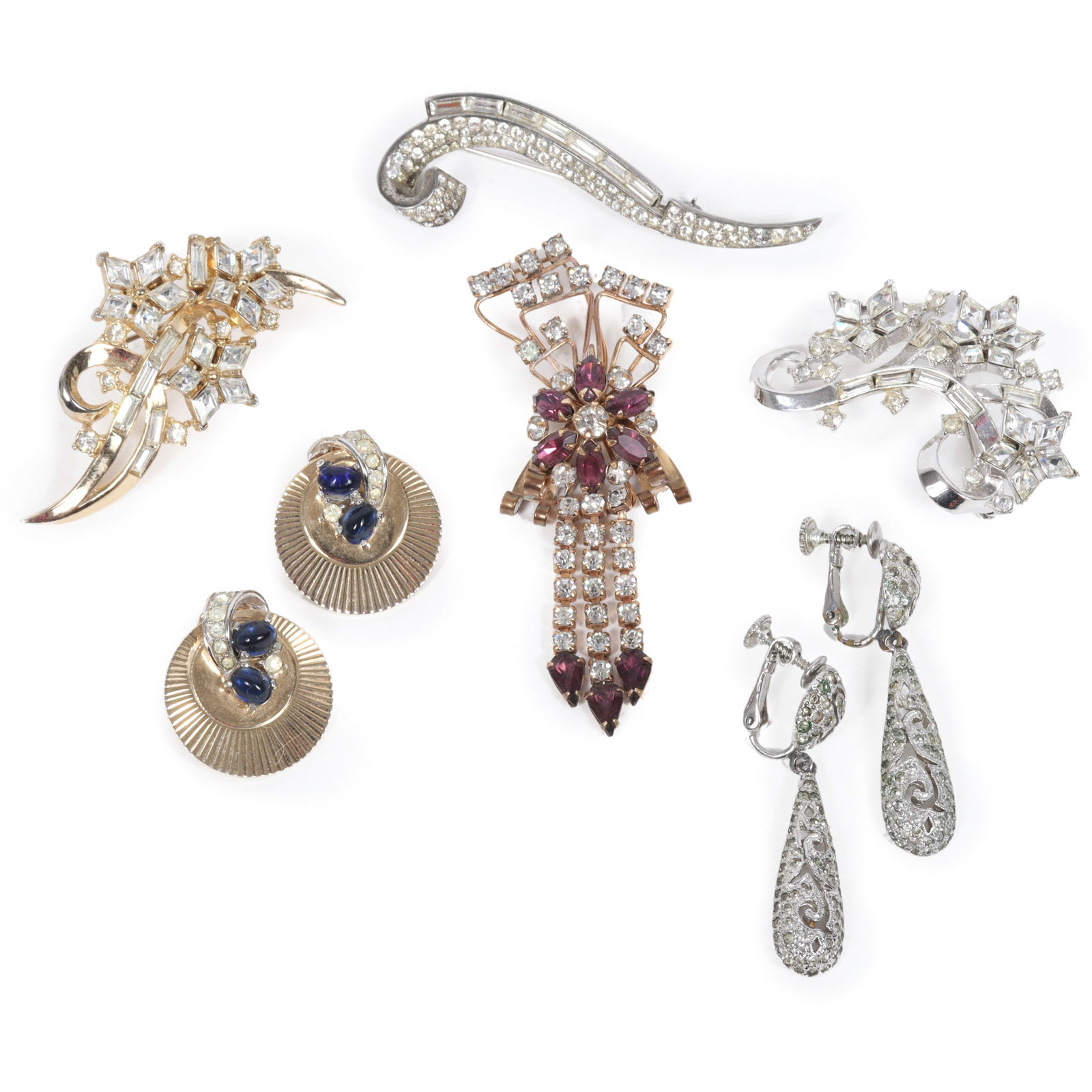 Alfred Phillipe for Crown Trifari gold tone rhinestone brooch, Crown Trifari silver floral (1 of 14)