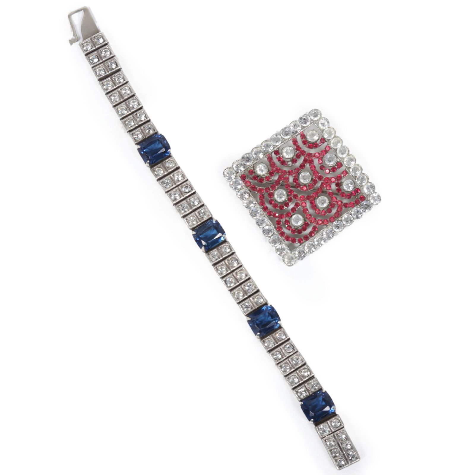 Payco Art Deco sterling silver paste stone and sapphire blue unfoiled crystal bracelet with red art (1 of 5)