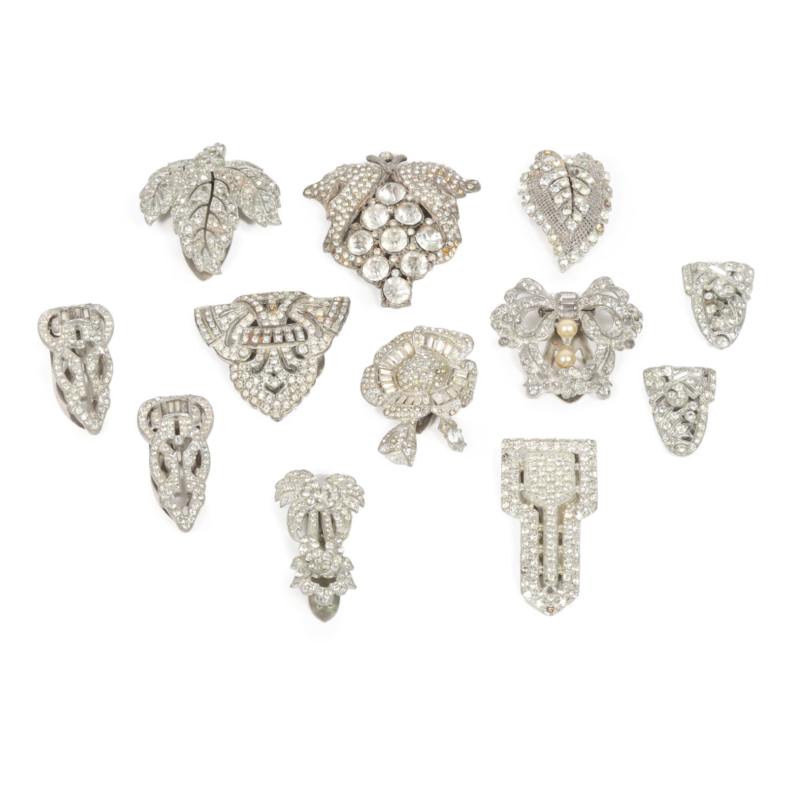Vintage group of Art Deco / Retro diamante rhinestone dress / fur clips with figural flower, leaf, (1 of 13)