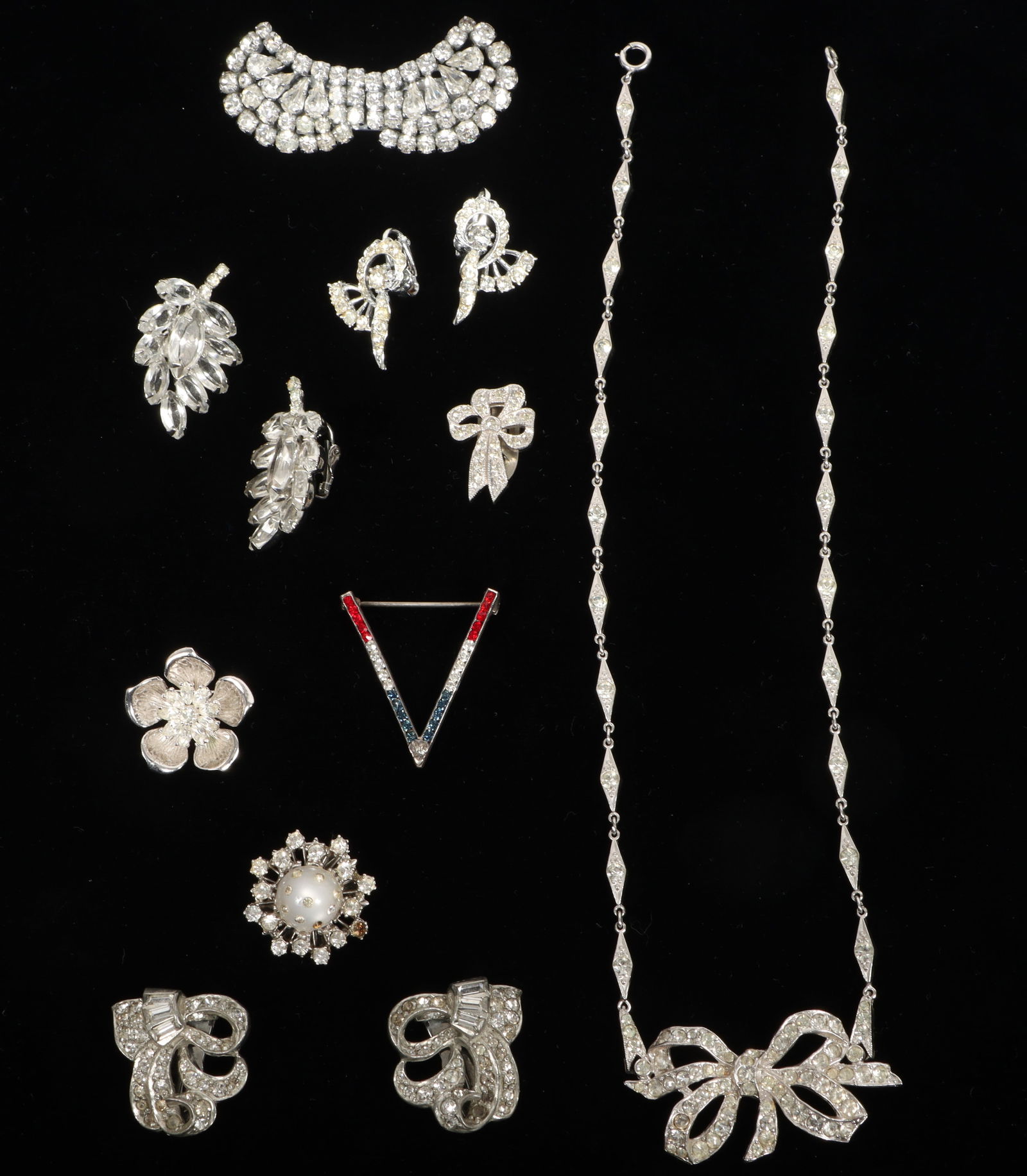 Vintage Retro group of rhinestone costume jewelry including Crown Trifari bow necklace, Pennino (1 of 18)