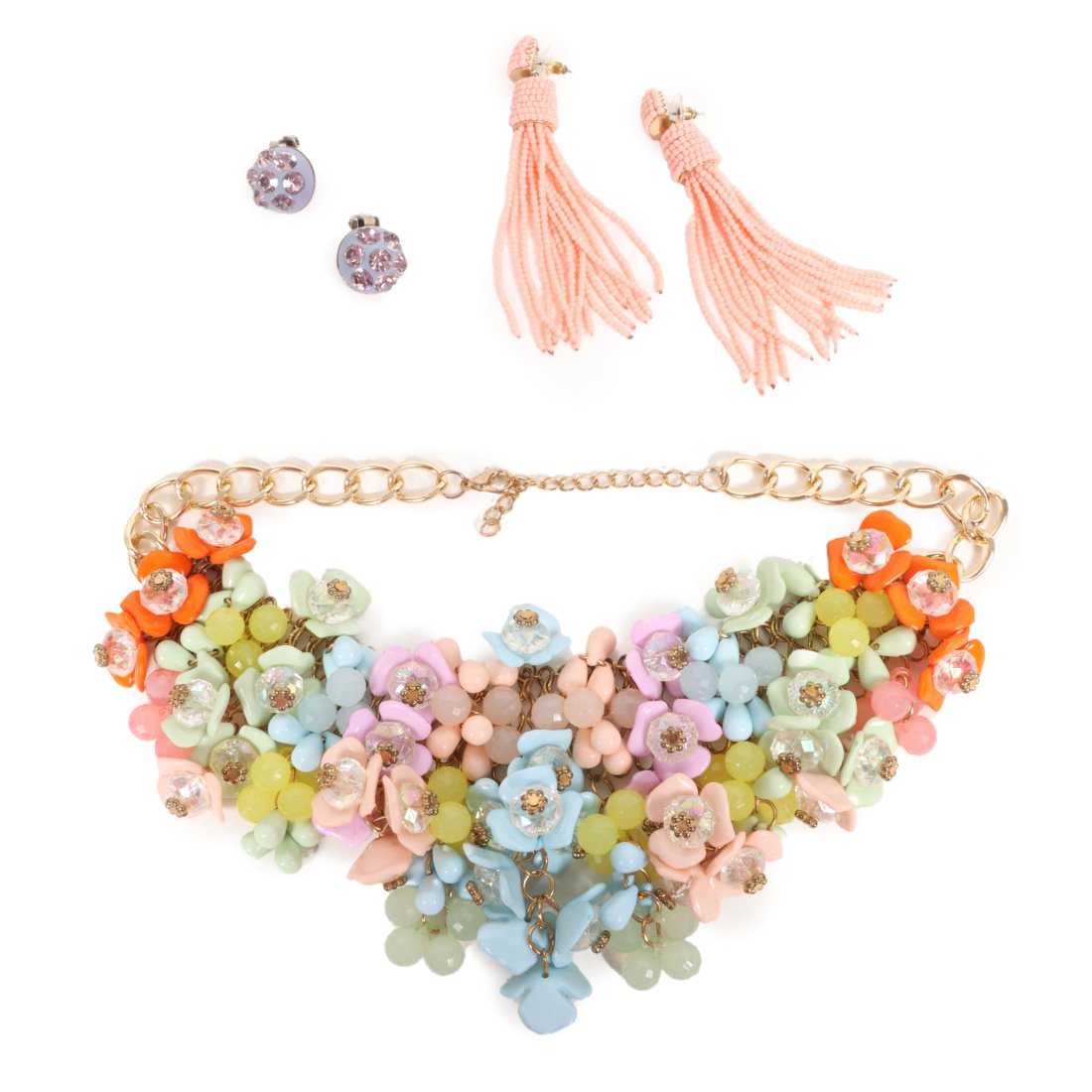 Spring colors 3pc vintage jewelry: Huge beaded cellulose acetate floral cluster bib necklace with pi (1 of 9)