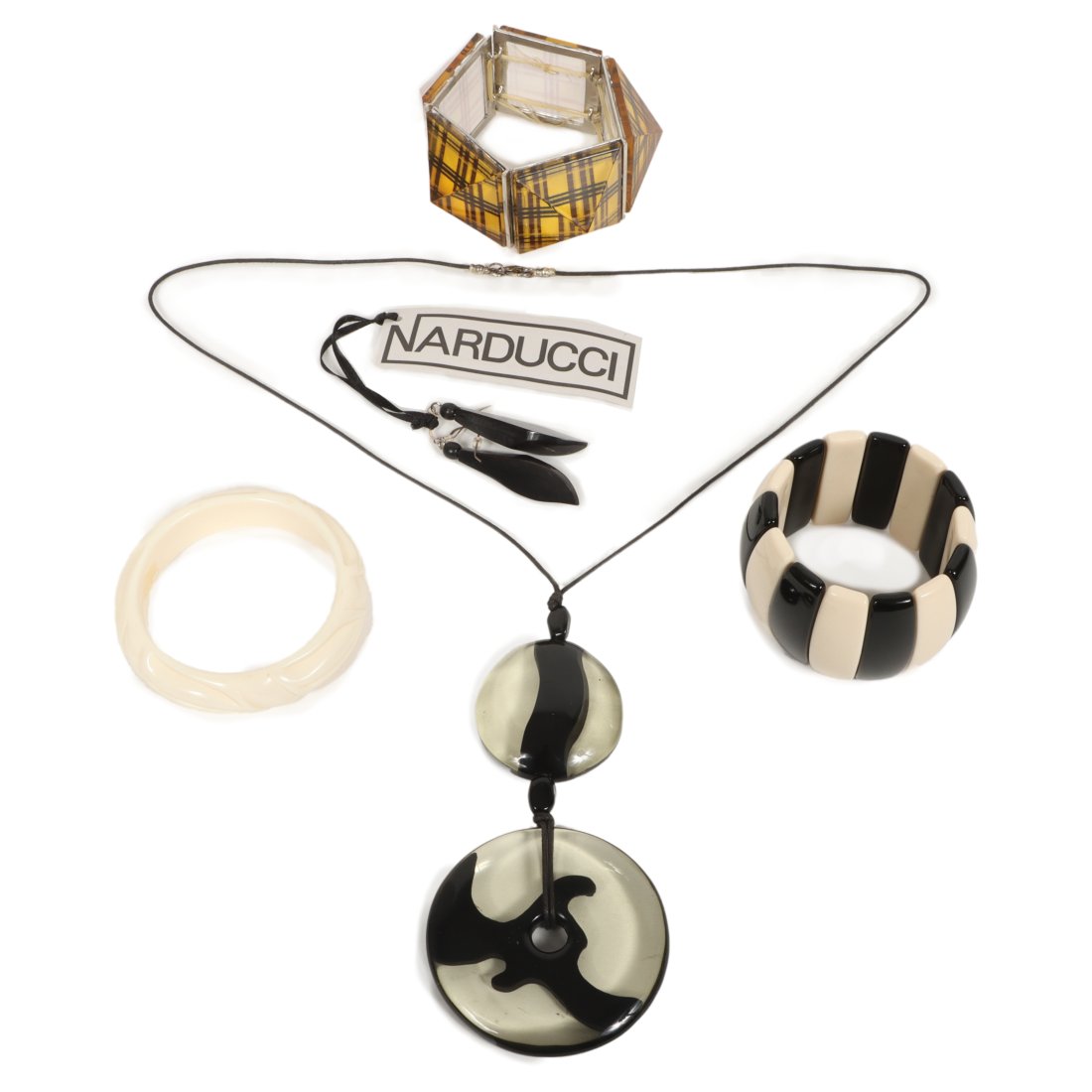 Leo Narducci black horn dangle earrings, celluloid cream bangle bracelet, resin disc pendant necklac (1 of 11)