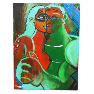 Emmett Williams, African American (20th Century), embracing figures, 1994, oil on canvas, 24"H x: Emmett Williams African American (20th Century) embracing figures, 1994 oil on canvas Signed and dated lower left. Emmett Williams was born in Washington, D.C. and began sketching the city's nightlife