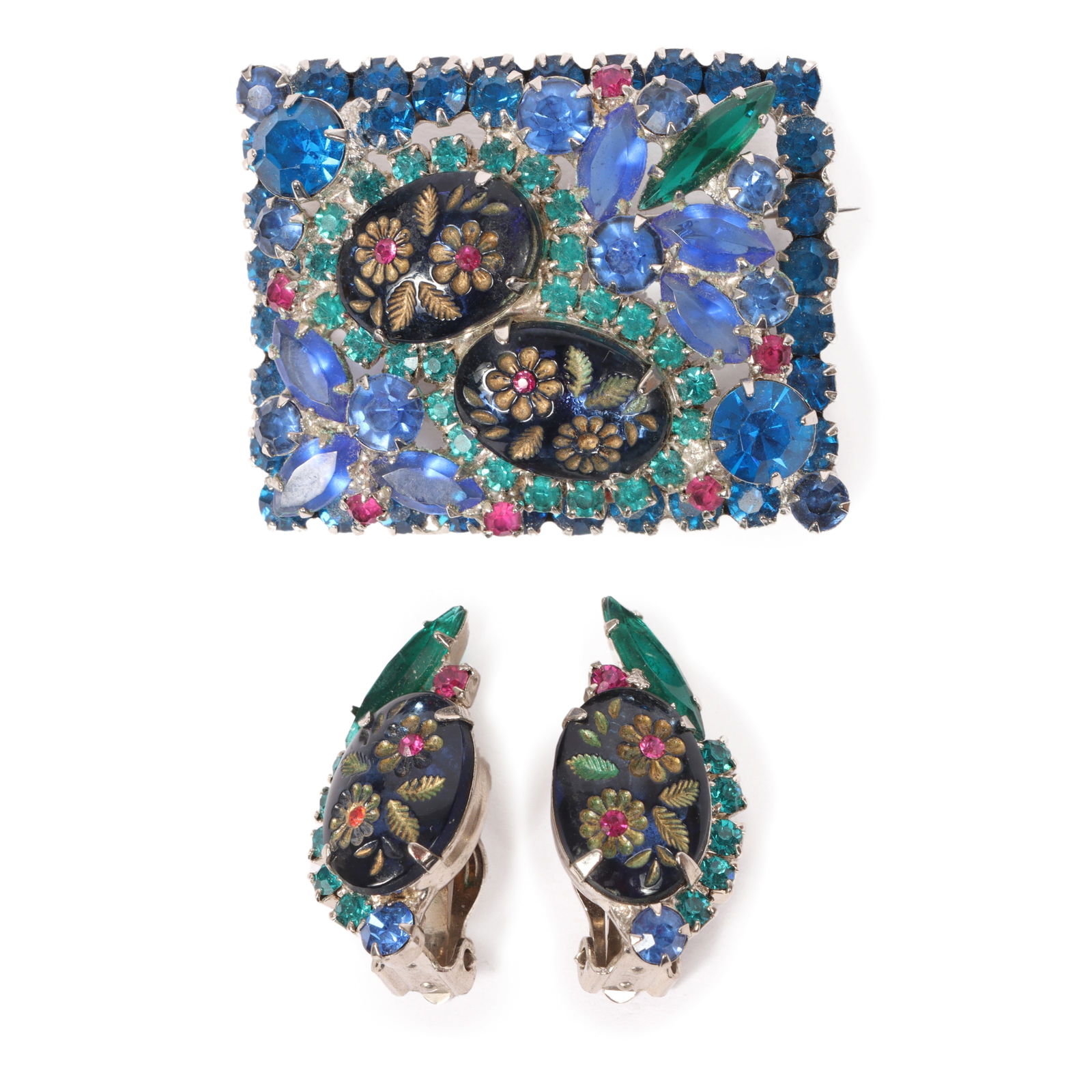 DeLizza & Elster Juliana intaglio floral jeweled square brooch and earrings set., 1 1/2"H x 2"W: DeLizza & Elster Juliana intaglio floral jeweled square brooch and earrings set. Provenance: From the collection of Cheryl Killmer. 1 1/2"H x 2"W (brooch)