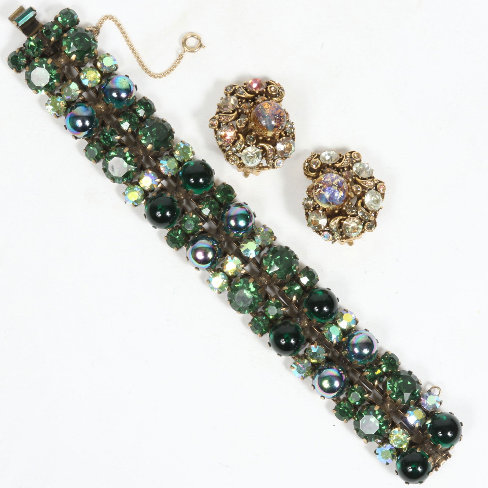 Regency green cabochon and rhinestone bracelet with Hollycraft art glass earrings. 7 1/2"L x 1"W (1 of 7)