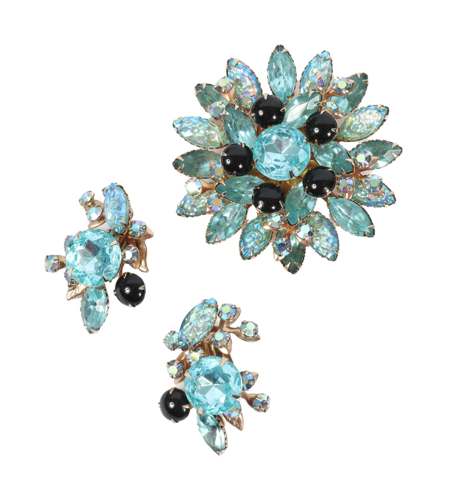 DeLizza & Elster Juliana aqua blue and black large rhinestone brooch with matching earrings. 2 1/4"H (1 of 6)