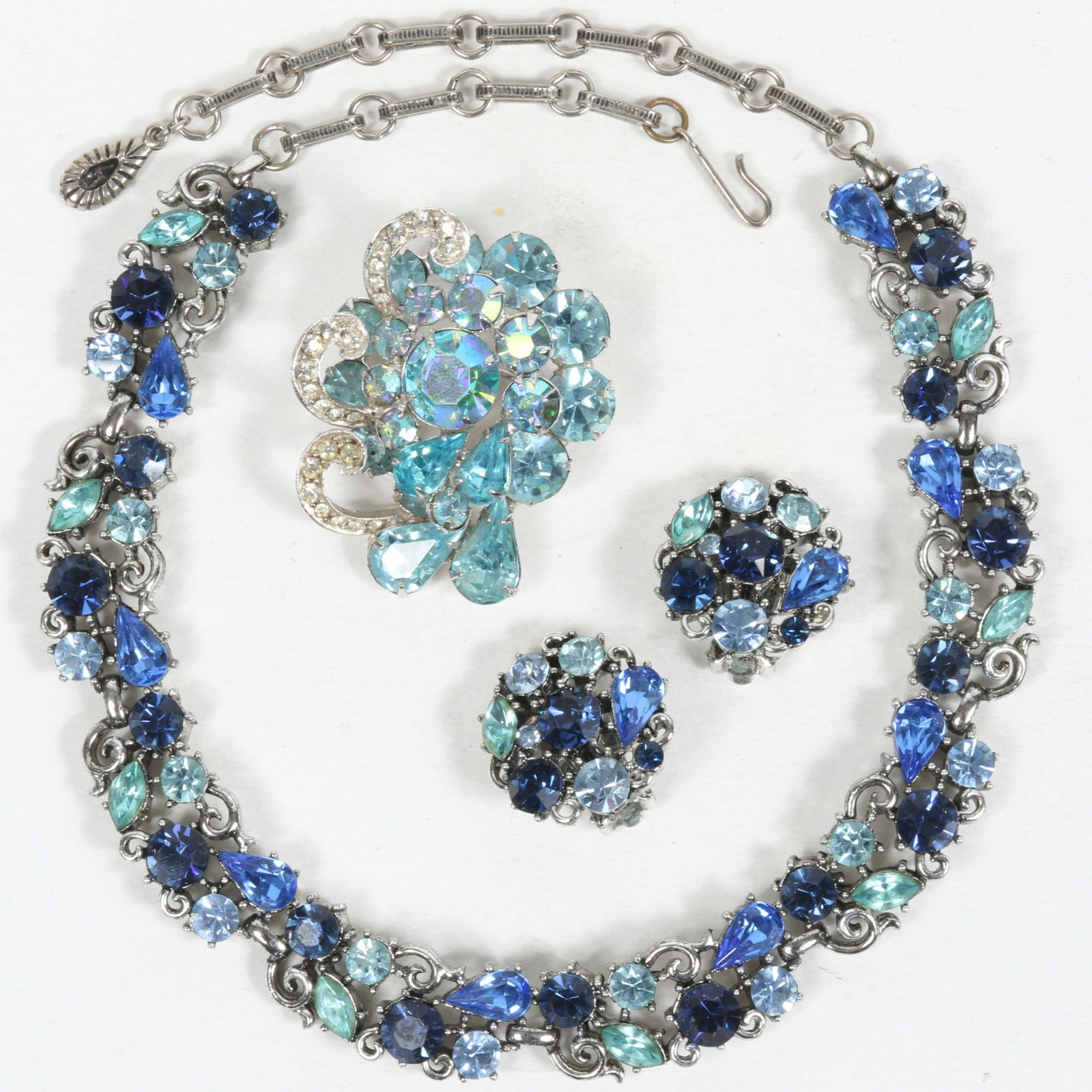 Vintage Lisner shades of blue rhinestone necklace with matching earrings and Weiss ice blue (1 of 8)