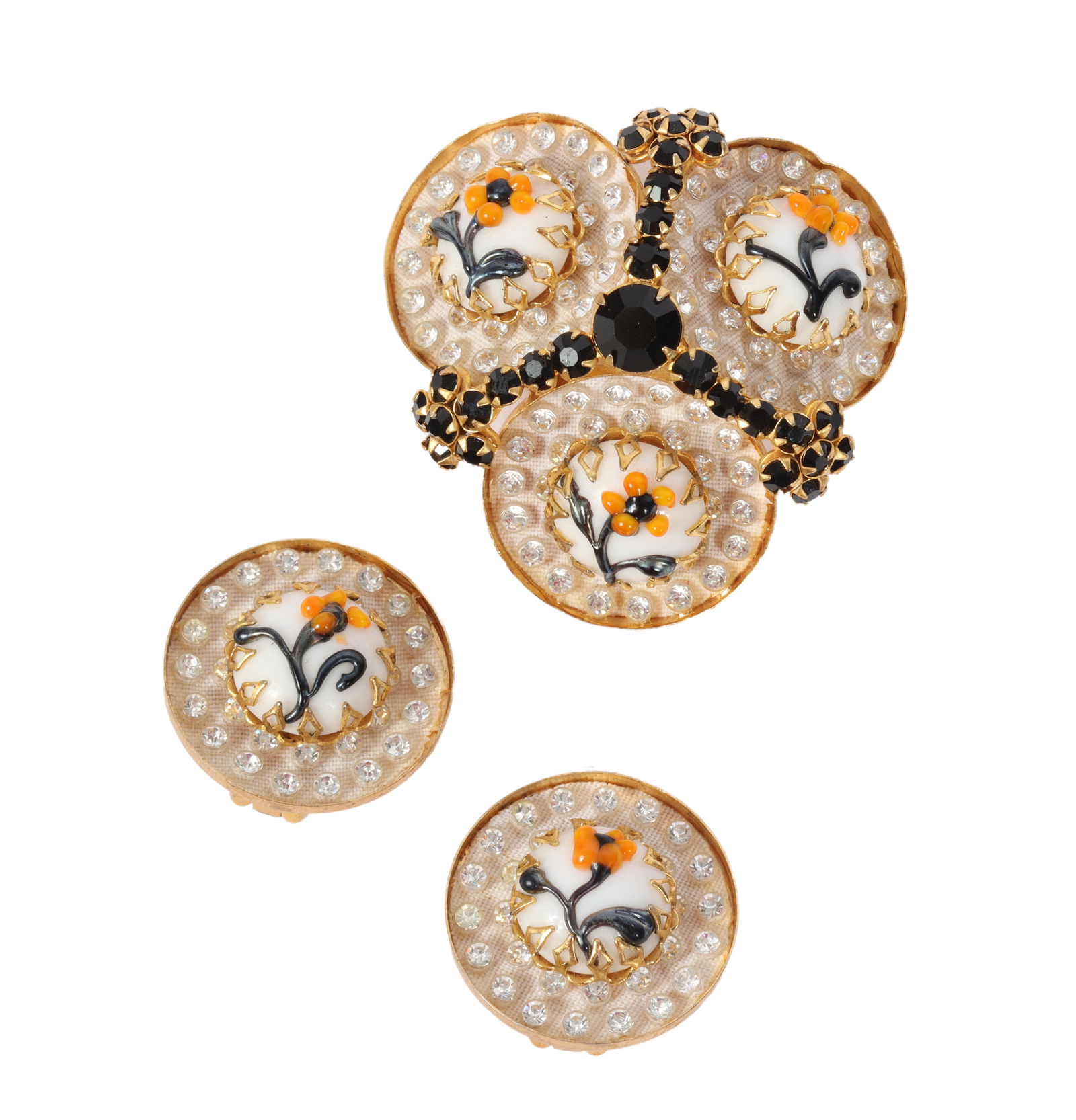 Hobe attributed flower rhinestone brooch and matching earrings with lampwork art glass sunflower (1 of 7)