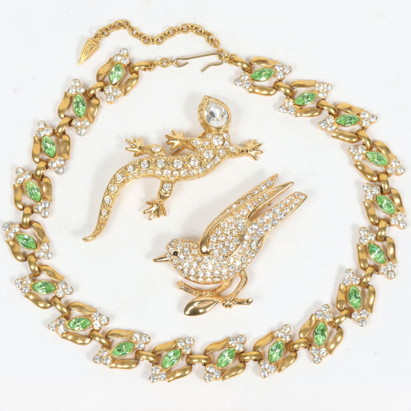Swarovski crystal bird and lizard figural brooches with green and white rhinestone necklace signed (1 of 8)