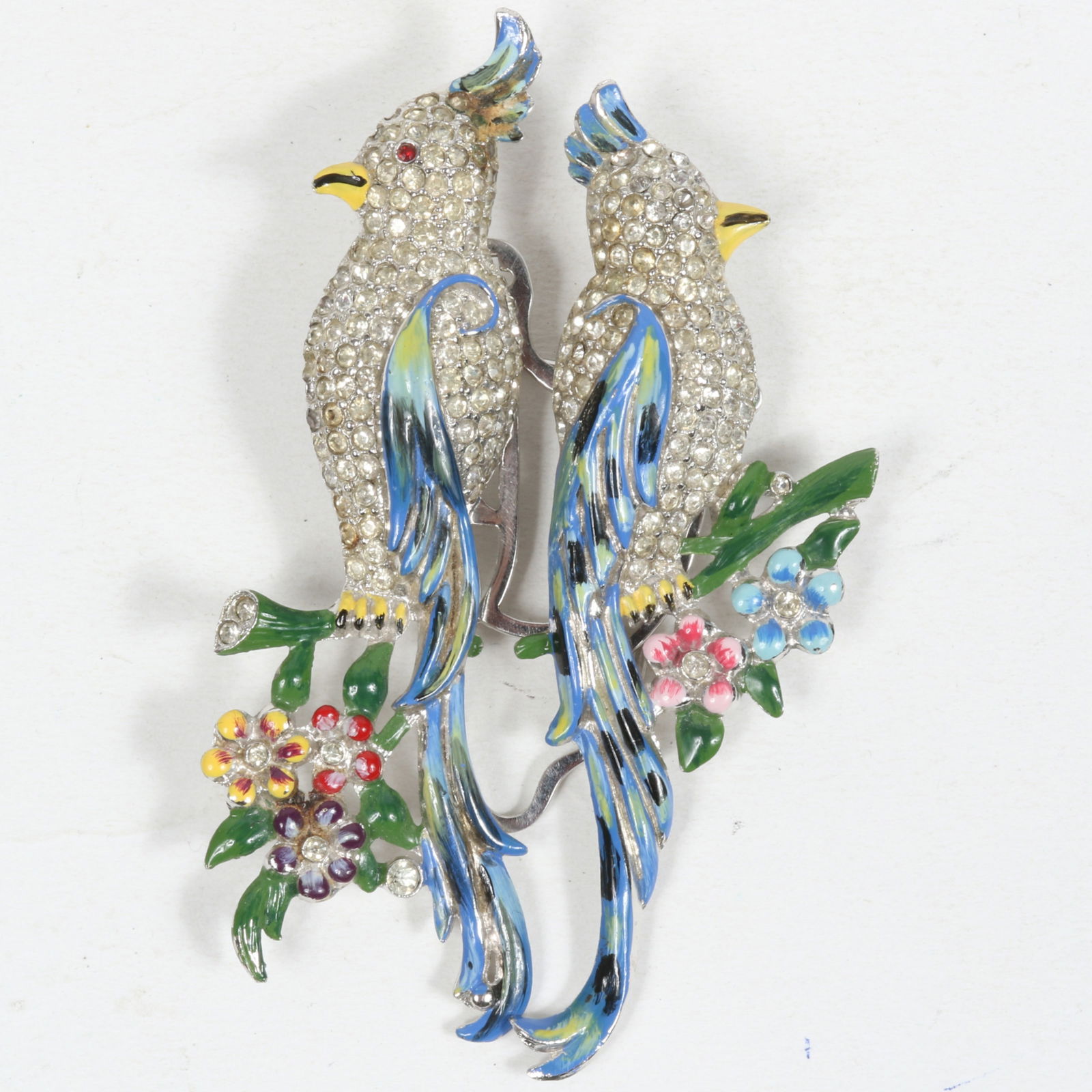Coro Duette Calopsita Cockatiel figural birds of paradise pin clip set with blue colorful enamel and (1 of 9)