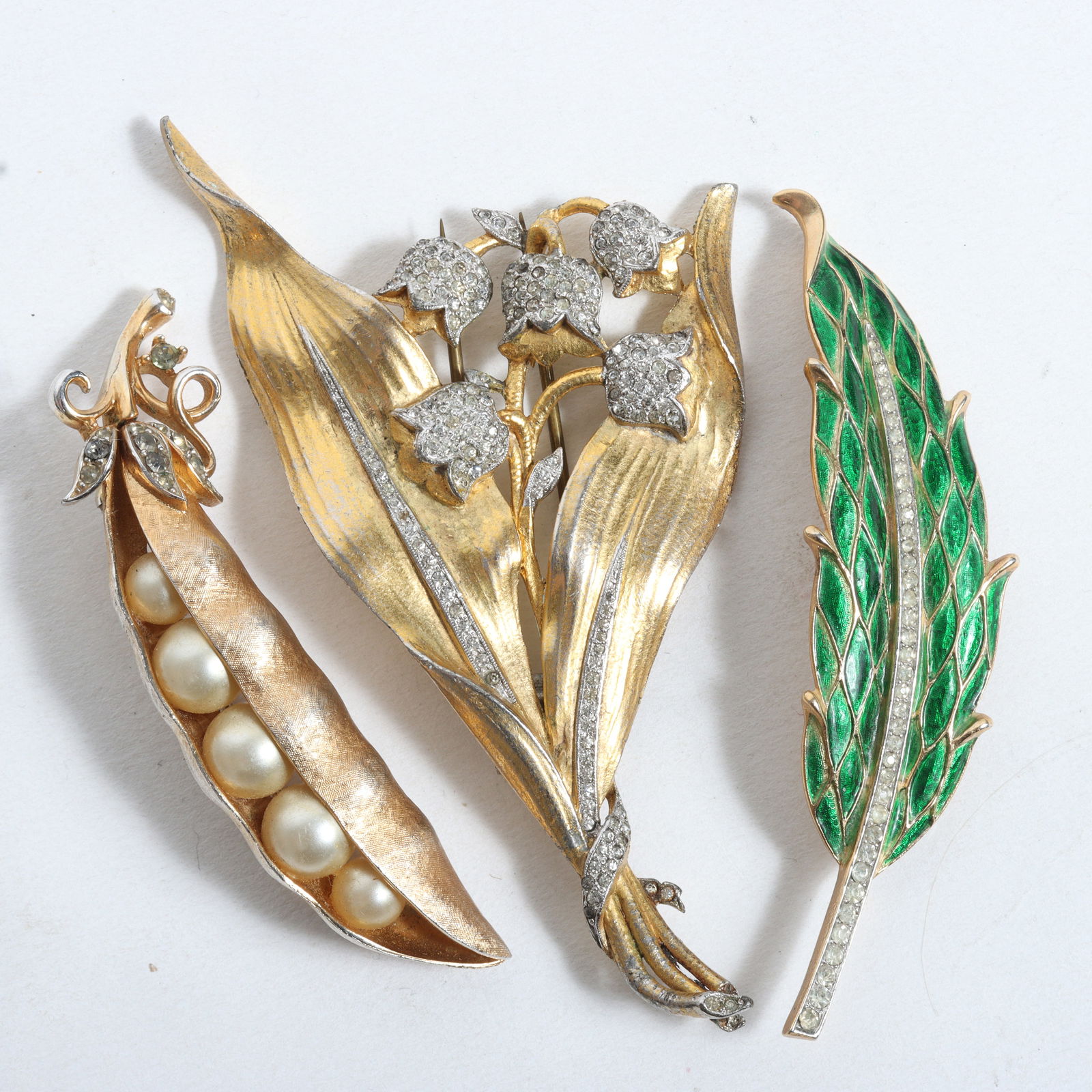 Crown Trifari 3pc. LARGE 1940s brooches; faux pearl pea pod pin, metallic enamel and rhinestone (1 of 8)
