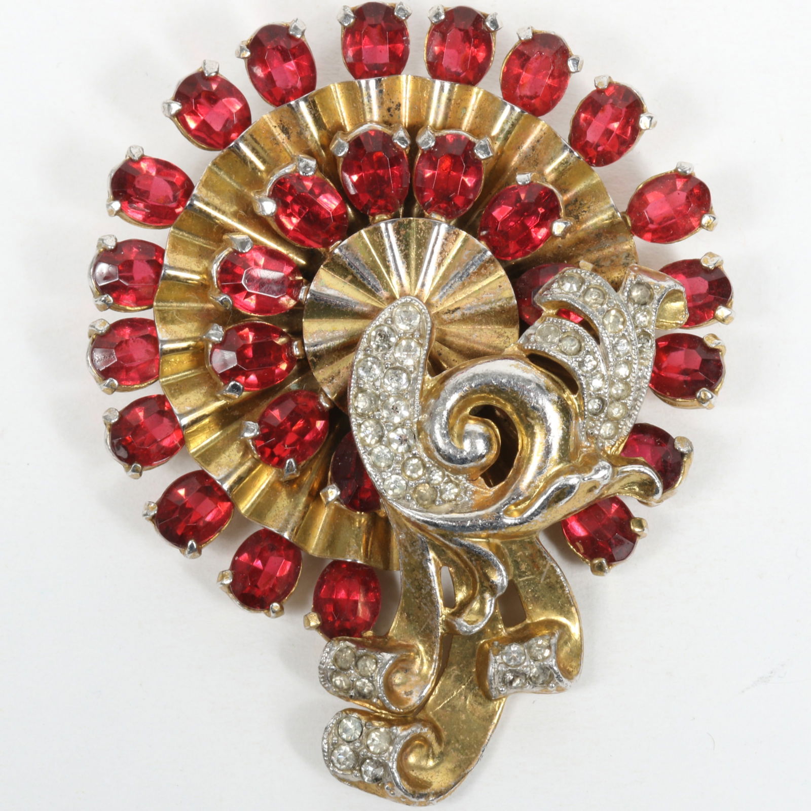 Large Retro unsigned Mazer? Dimensional Pinwheel Rhinestone vermeil Vintage Pin Brooch 3" H x 2 3/8" (1 of 5)