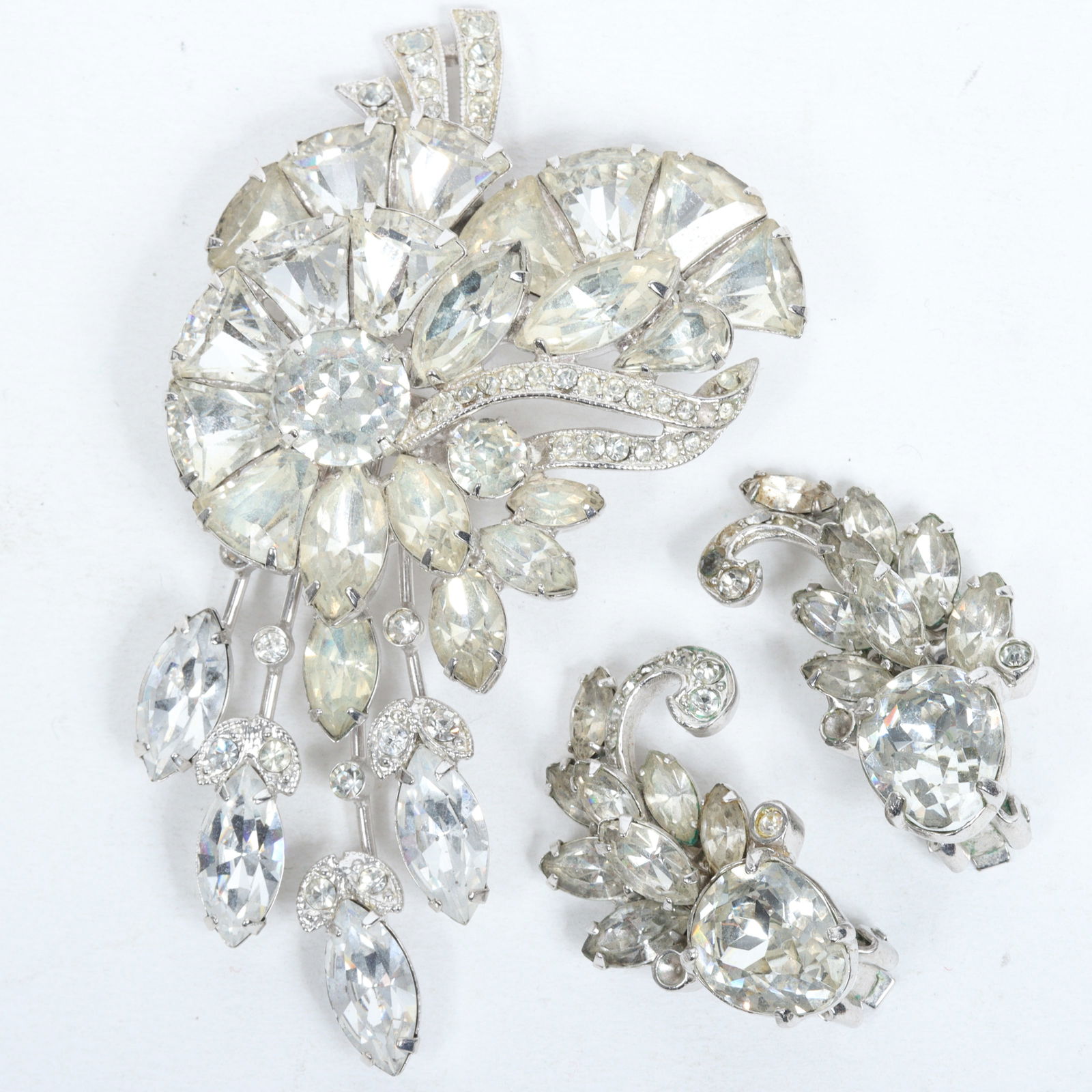 Eisenburg Ice LARGE retro diamante floral spray pin brooch with Eisenburg earrings. 3 1/2"H x 2"W (1 of 11)