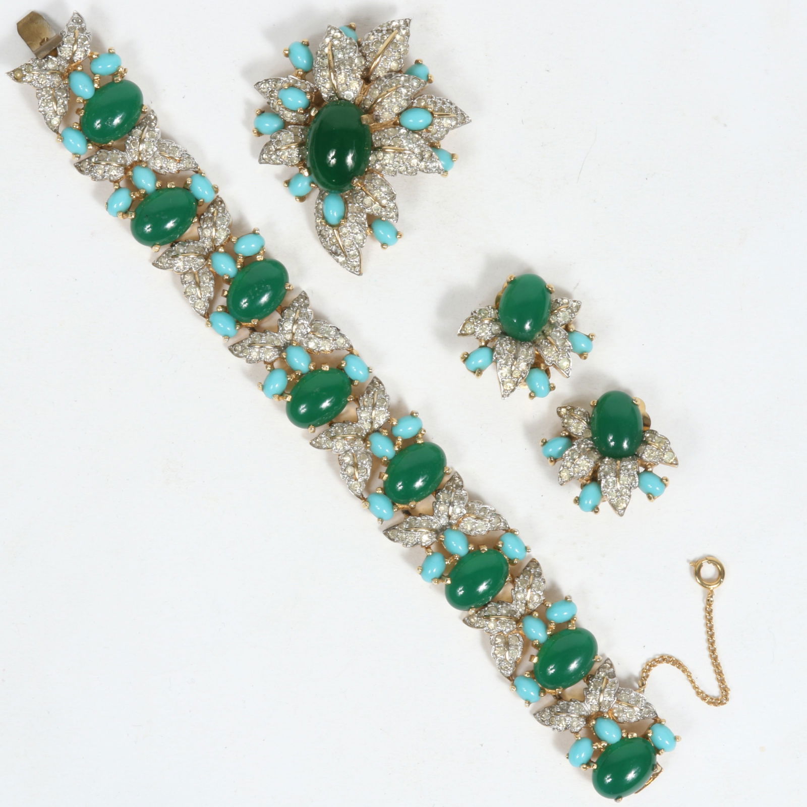Vintage Jomaz Retro Floral 3pc. Luscious Gold Tone Parure; bracelet, brooch, and earrings with green (1 of 9)