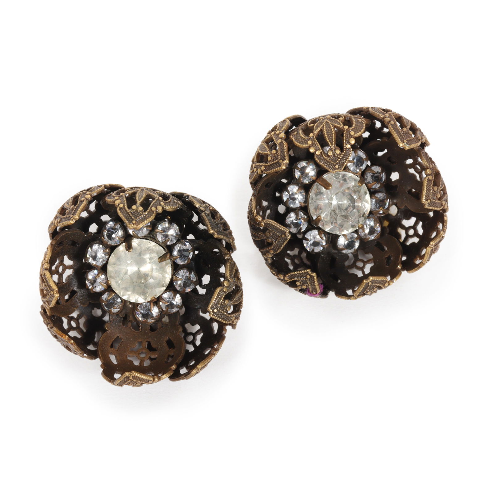 Unsigned Joseff of Hollywood Dimensional Flower Earrings with Foiled Rhinestones. 1 3/8"D (1 of 6)