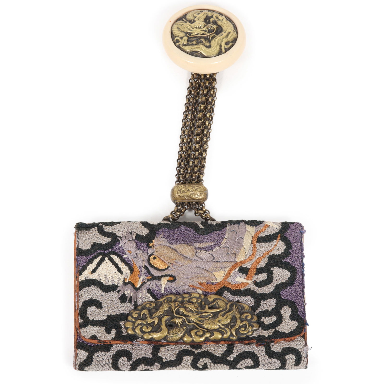 Japanese Dragon motif hooked Needlework Tobacco Purse with celluloid button and figural brass mount. (1 of 10)