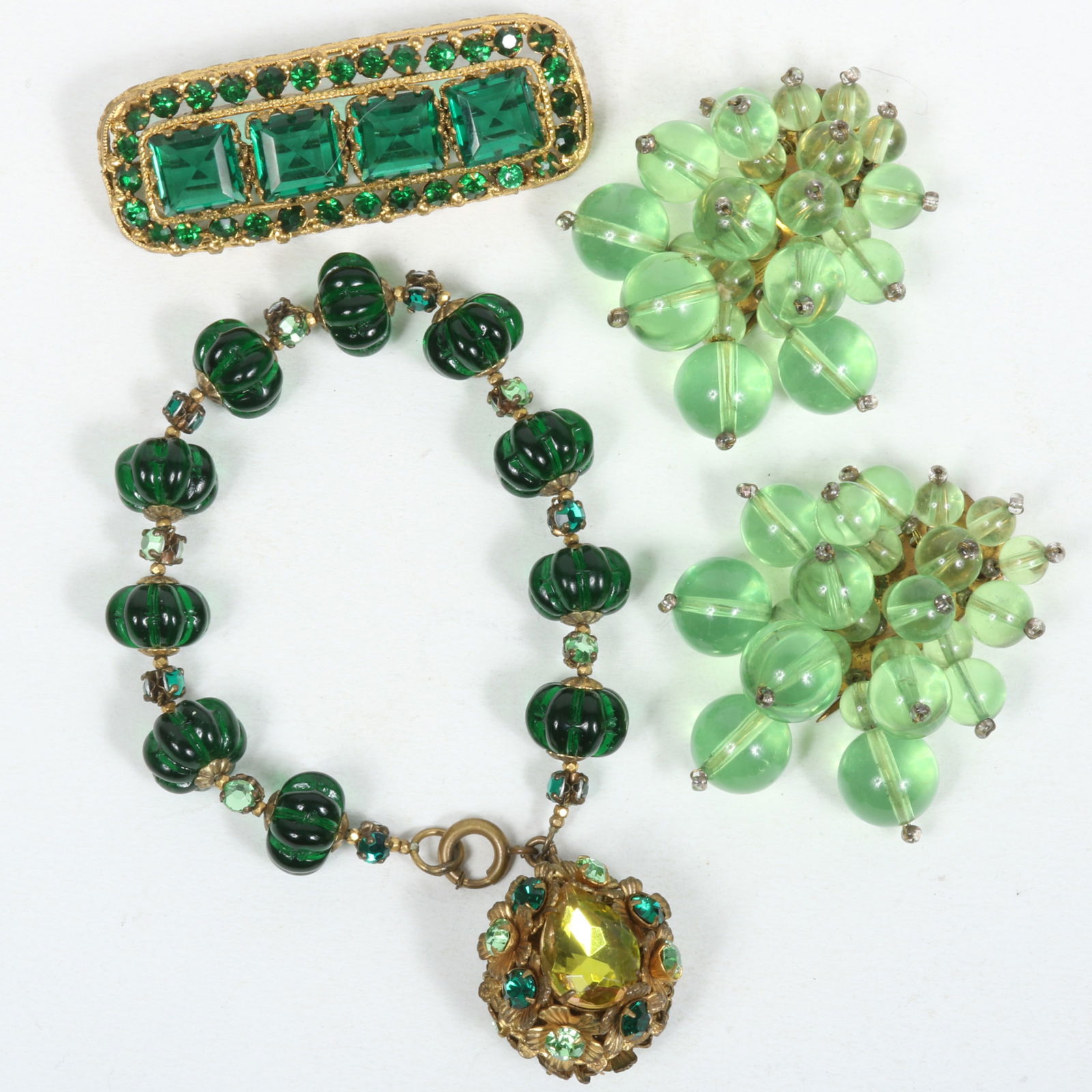 Signed Made in Czechoslovakia green glass bar brooch with green glass beaded bracelet and charm, and (1 of 8)