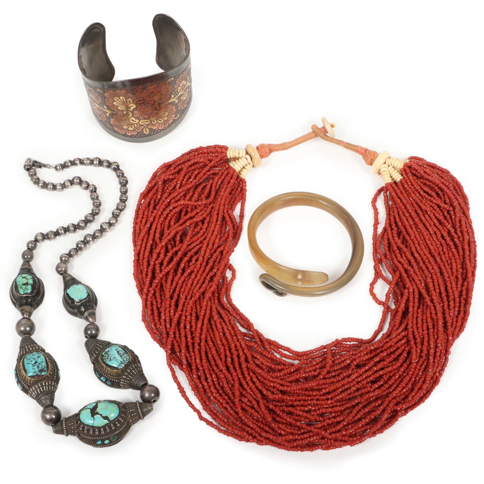 Multi strand red coral necklace, Tibetan/Middle Eastern sterling silver and turquoise necklace, (1 of 7)