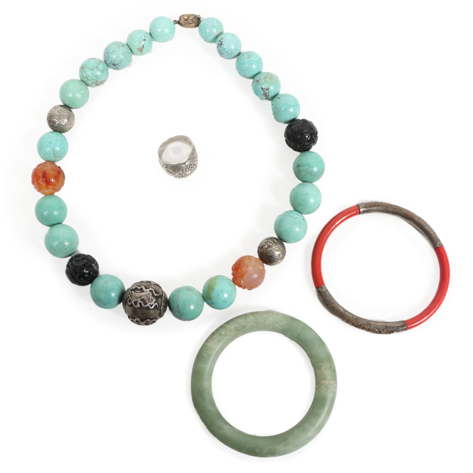 Vintage Asian jewelry 4pc.; turquoise, silver, and carved agate beaded chunky stone necklace with (1 of 8)
