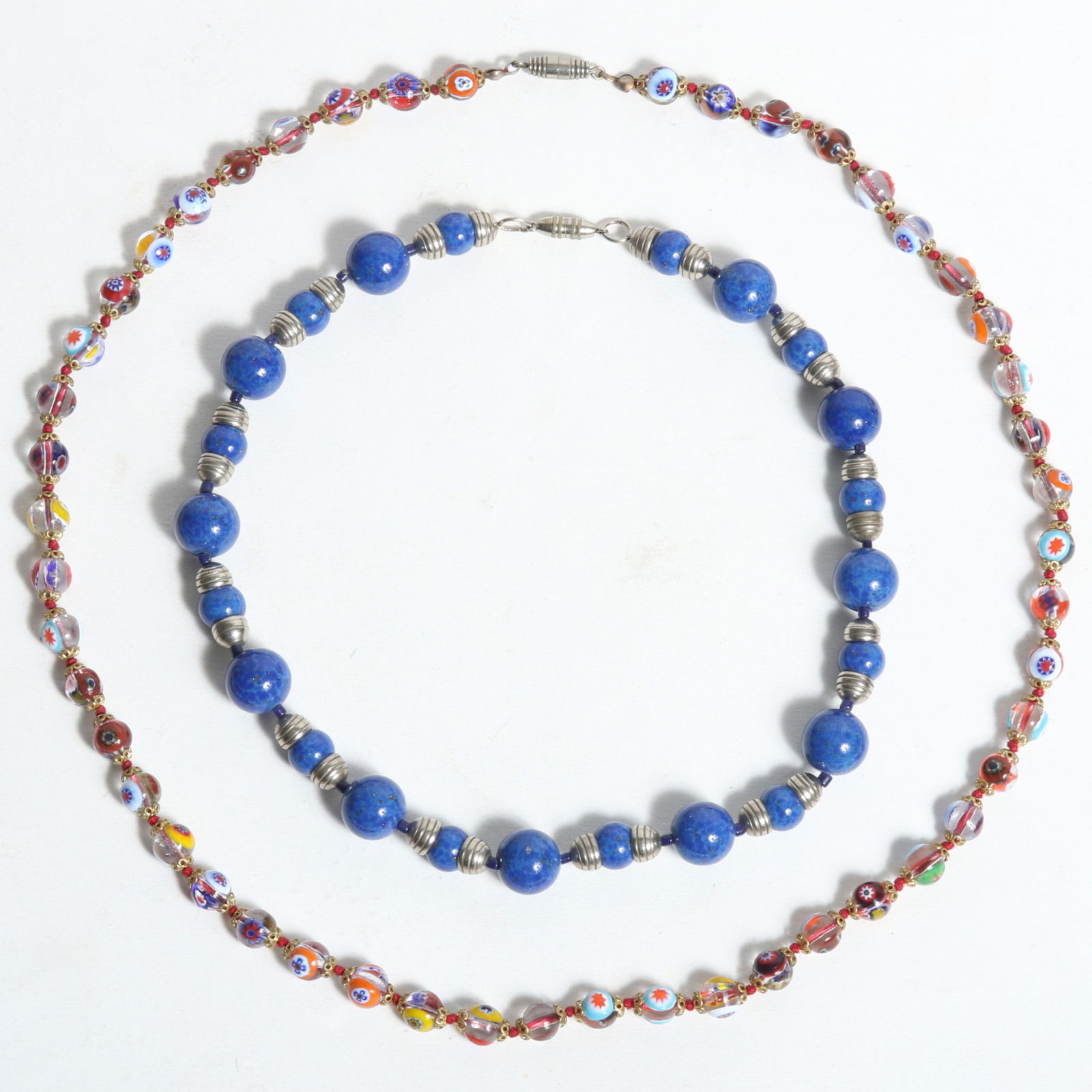 Murano Millefiori glass beaded necklace with 1930's French Louis Rousselet? blue art glass beaded (1 of 5)