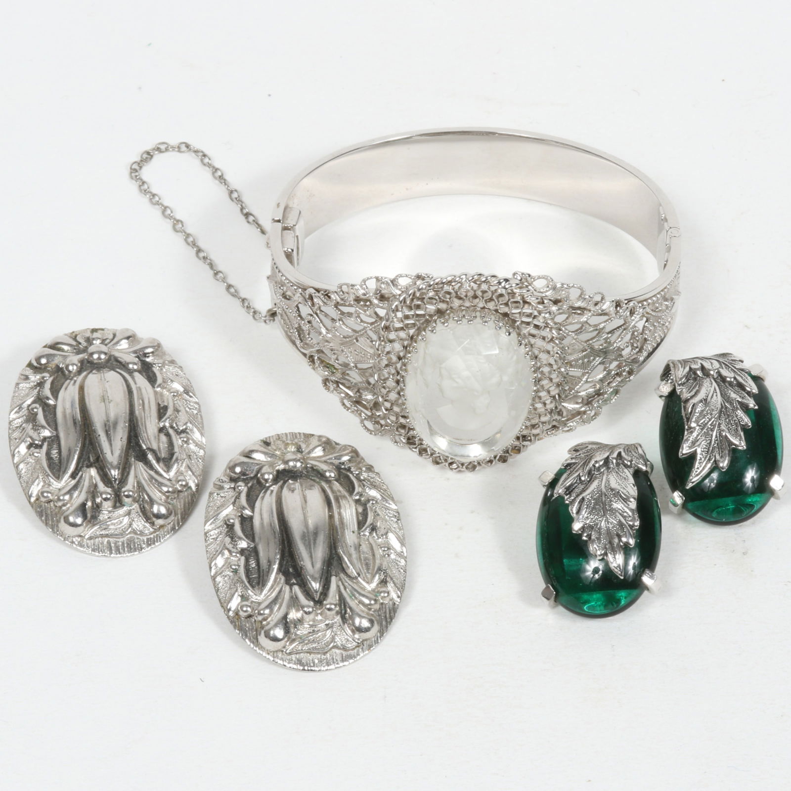 Whiting & Davis 3pc group: Victorian revival hinge bracelet with ornate filigree and clear glass (1 of 9)