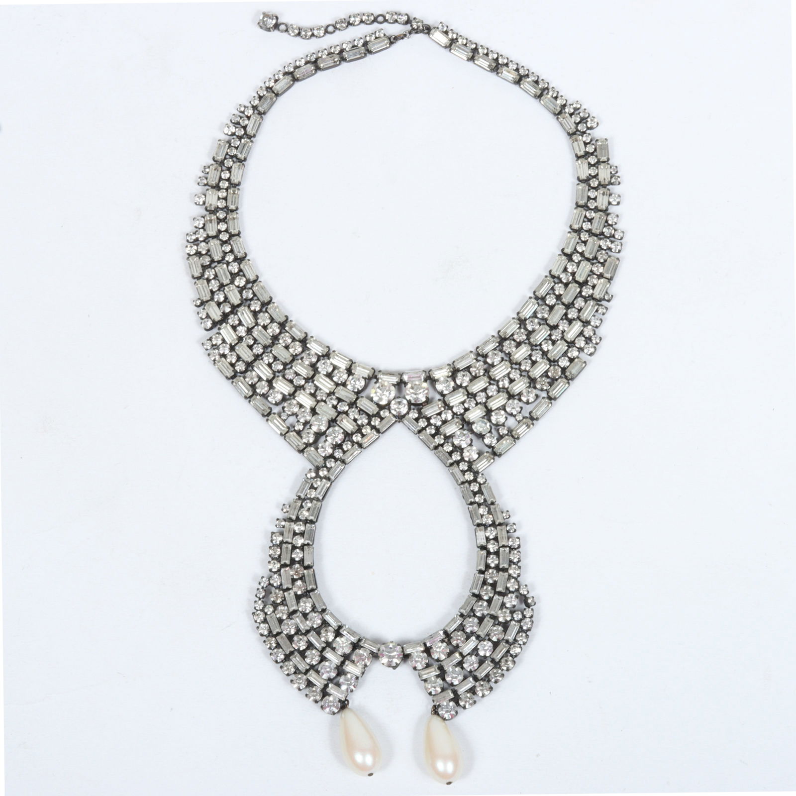 HUGE Butler & Wilson diamante rhinestone bib necklace with large faux teardrop pearl dangles signed (1 of 6)