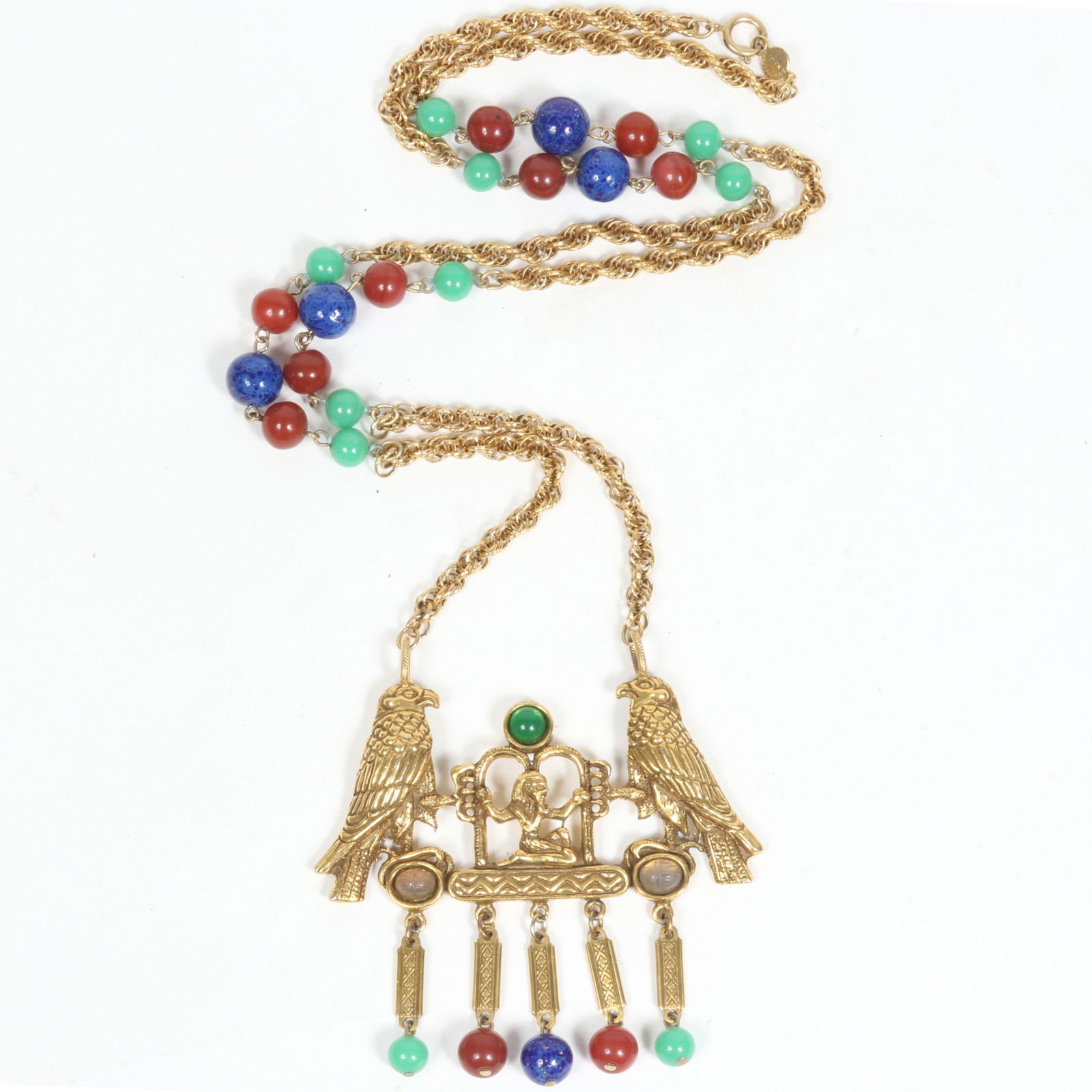 Accessocraft NYC Egyptian Revival large pendant necklace with glass scarab cabochons and art glass (1 of 7)