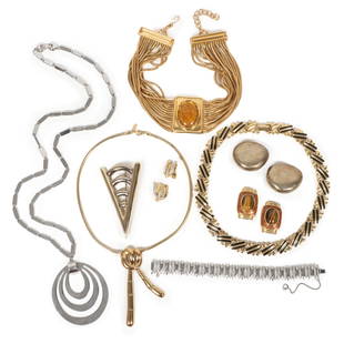 Vintage costume jewelry group including John Iverson sterling silver round textured earrings, four: Vintage costume jewelry group including John Iverson sterling silver round textured earrings, four Monet necklaces and rhinestone earrings, Paolo large "V" brooch, Alexis Kirk enamel and tigers eye ea