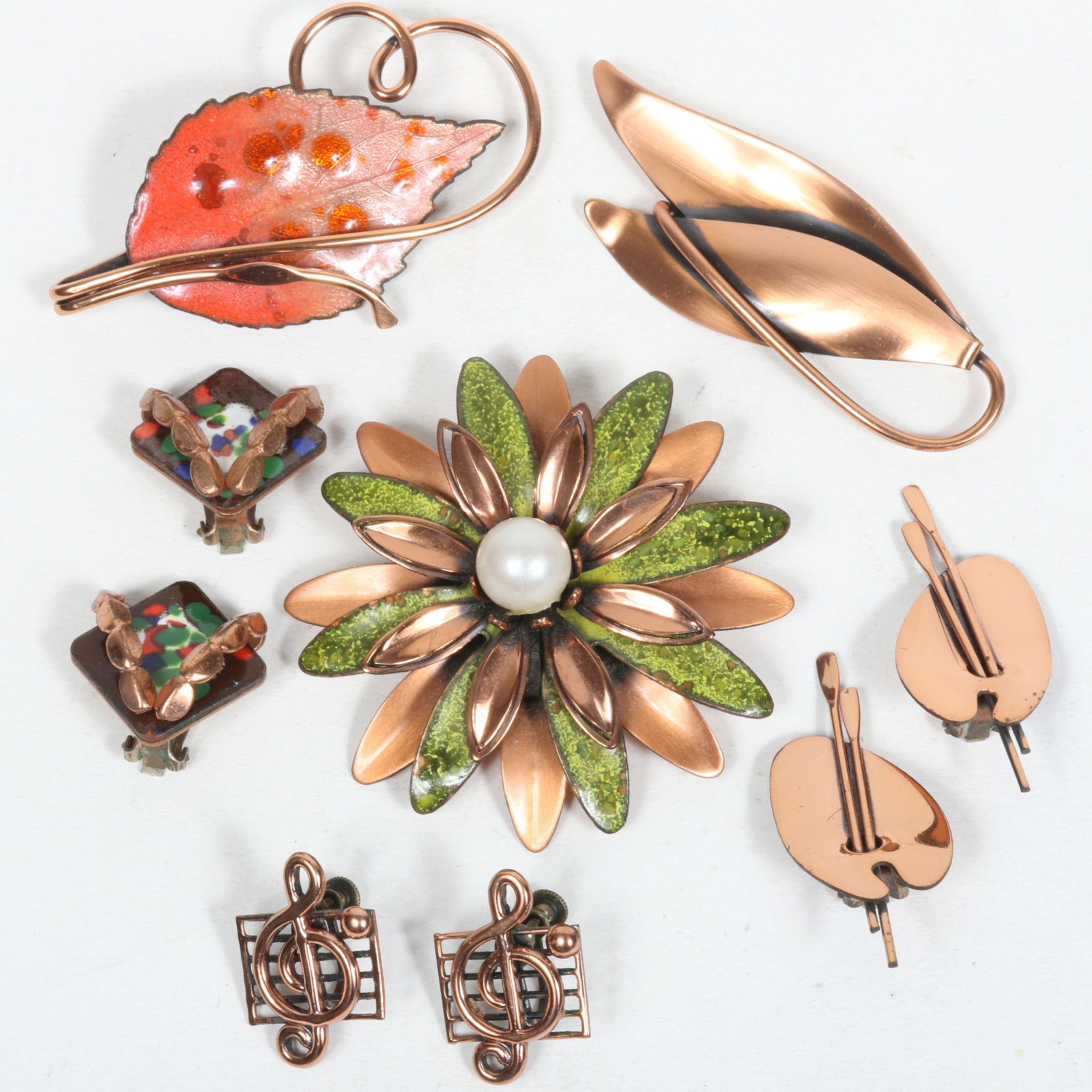 6pc Group Featuring Matisse Renoir Enamel Flower Brooch and Leaf Brooch, Matisse Enamel Earrings,: 6pc Group Featuring Matisse Renoir Enamel Flower Brooch and Leaf Brooch, Matisse Enamel Earrings, Renoir Painter's Palette Earrings, Orb Handwrought Leaf Brooch, and Treble Clef Music Earrings. Proven