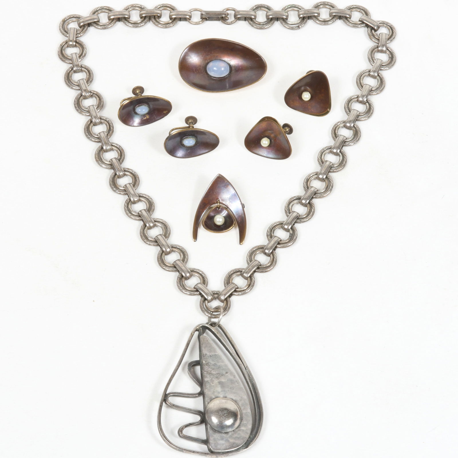 Vintage Rebajes MCM modernist silver tone abstract pendant necklace with Hogan-Bolas pair of bronze (1 of 12)