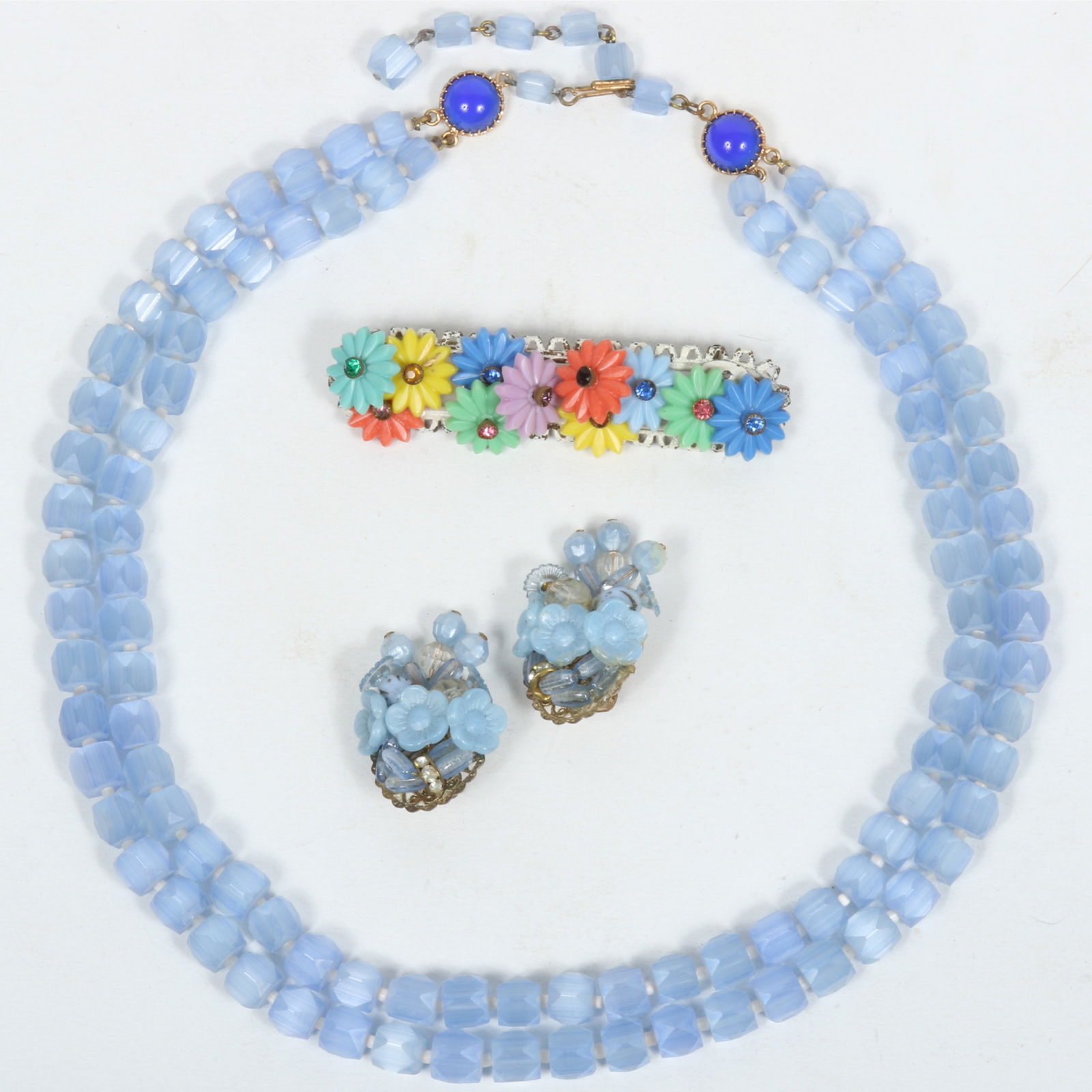 Dyed selenite? double strand faceted bead necklace with glass beaded floral earrings and floral (1 of 6)