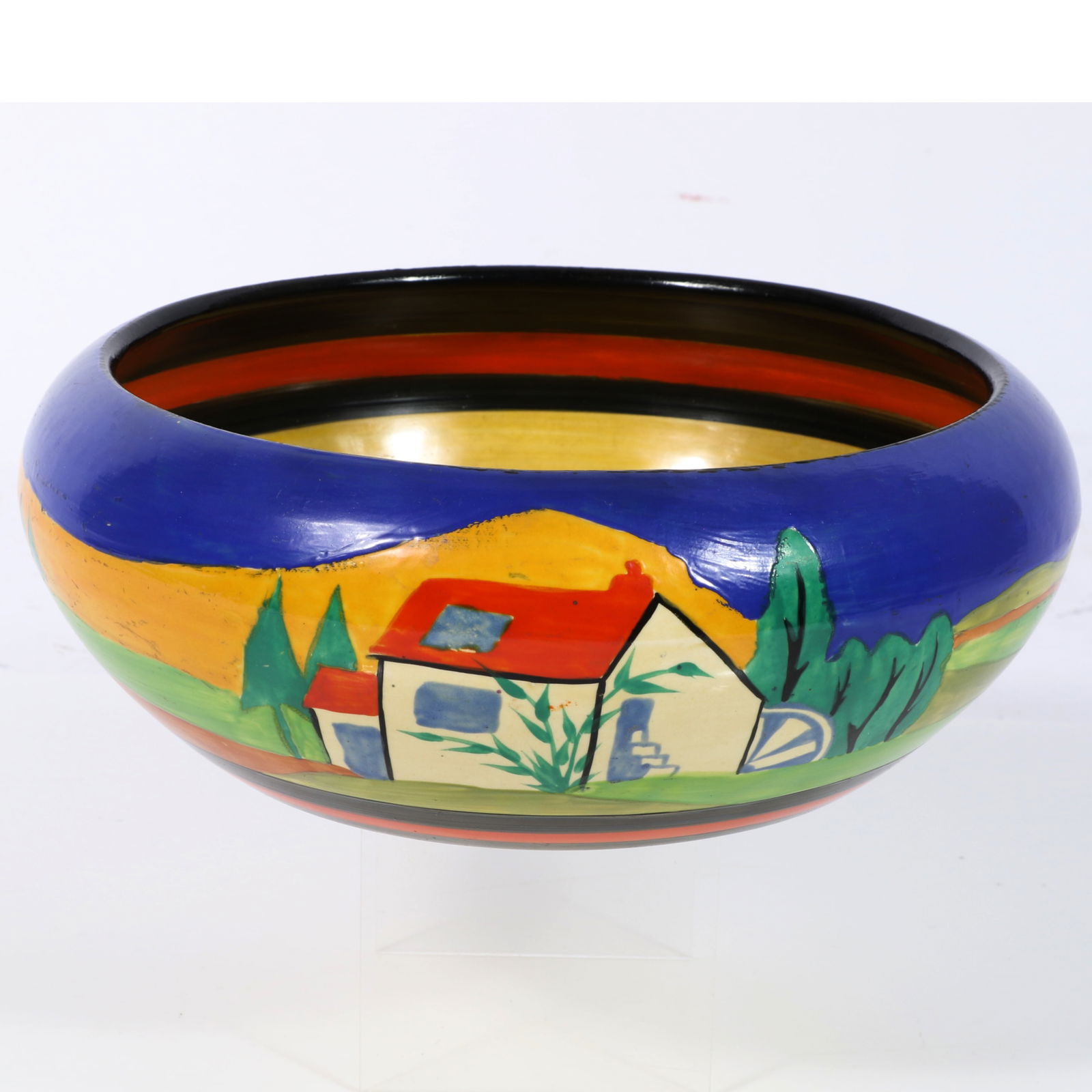 Clarice Cliff Fantasque "Applique" hand painted pottery bowl 3 1/2?H x 8 1/2?Diam.: Clarice Cliff Fantasque "Applique" hand painted pottery bowl 3 1/2?H x 8 1/2?Diam.