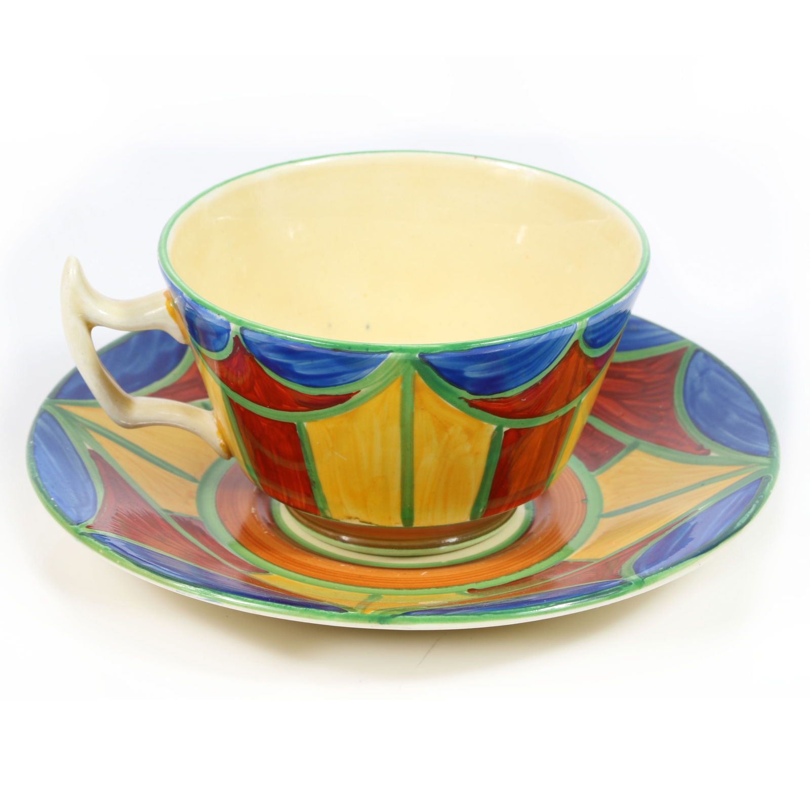 Clarice Cliff Bizarre Ware hand painted cup and saucer 2 1/2?H x 6?Diam. (w/saucer): Clarice Cliff Bizarre Ware hand painted cup and saucer 2 1/2?H x 6?Diam. (w/saucer)