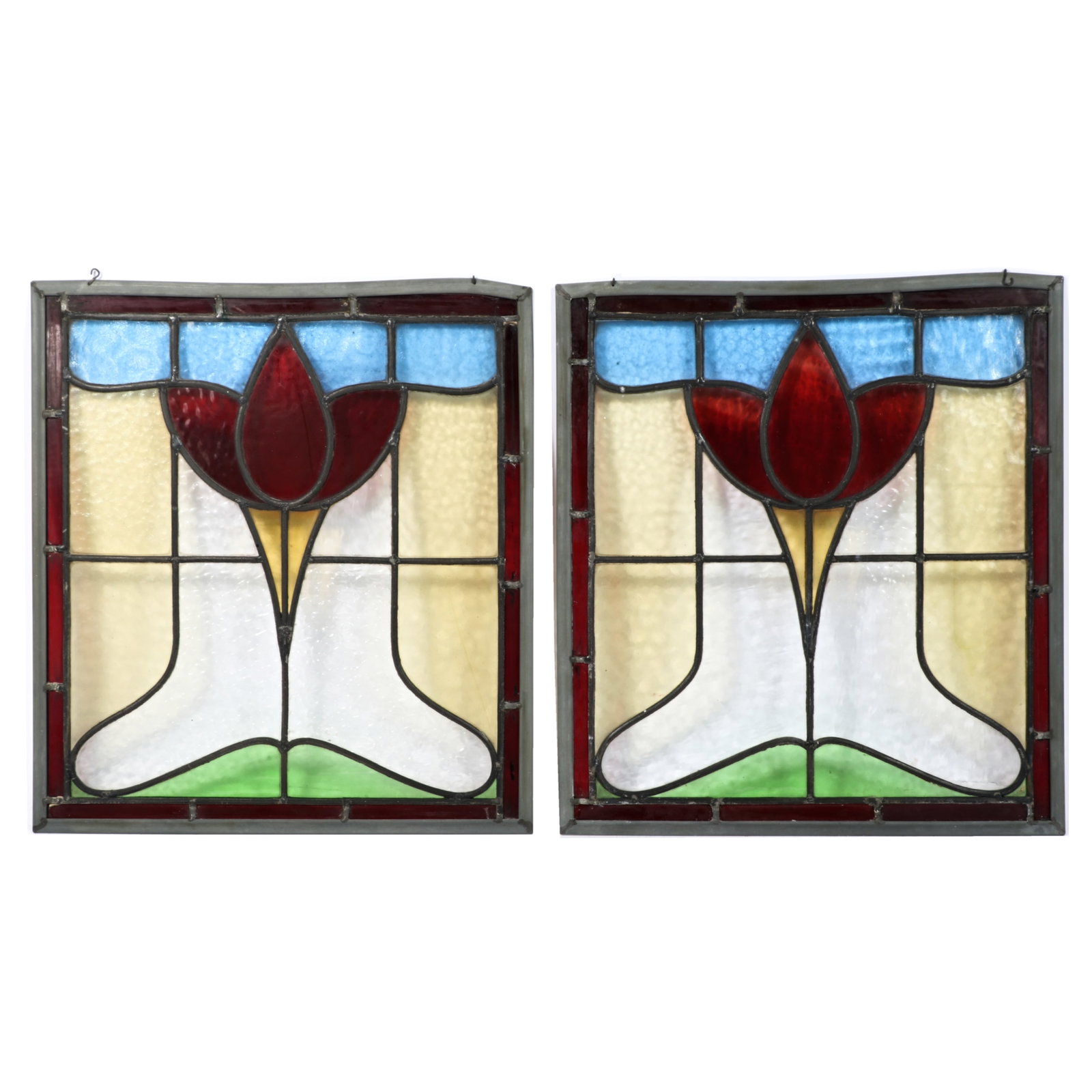 Pair antique Art Nouveau / Arts & Crafts square red tulip floral leaded stained glass windows. 19: Pair antique Art Nouveau / Arts & Crafts square red tulip floral leaded stained glass windows. 19 1/4"H x 17 1/2"W