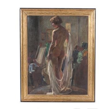 Roy Charles Gamble, Michigan (1887-1972), Female Nude Study, oil on canvas, 31" x 24", 37" x 30": Roy Charles Gamble Michigan (1887-1972) Female Nude Study oil on canvas signed lower right. From the collection of Edward P. Bentley, Art Researcher and Historian, Greenville, Michigan. Biography from