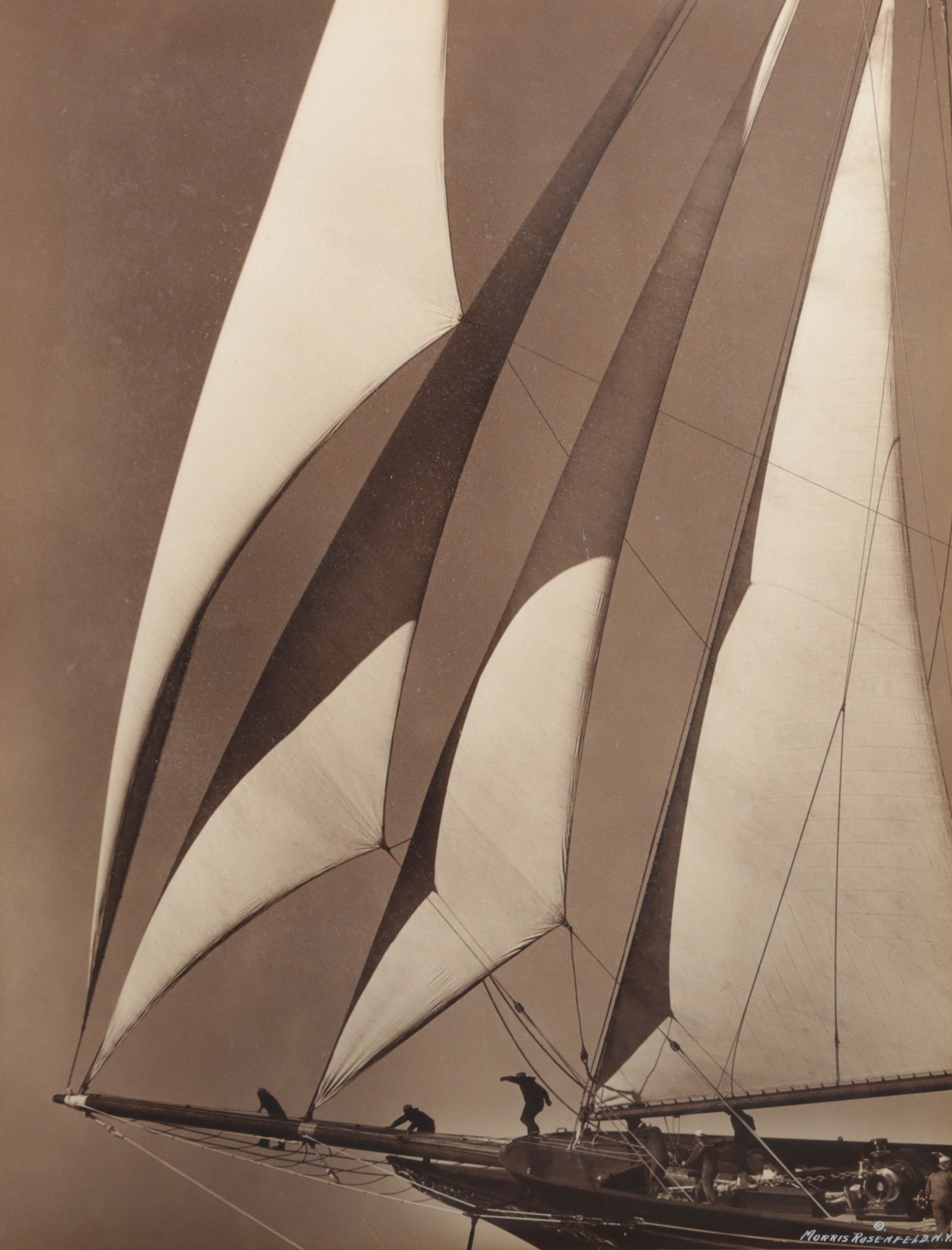 Morris Rosenfeld, New York (1884-1968), Migrant Headsails, photograph, 13 1/2"H x 10 1/2"W (sight),: Morris Rosenfeld New York (1884-1968) Migrant Headsails photograph Signed lower right. Biography from DigitalCollections.nypl.org: Morris Rosenfeld (1884-1968) was a photographer based in New York Cit