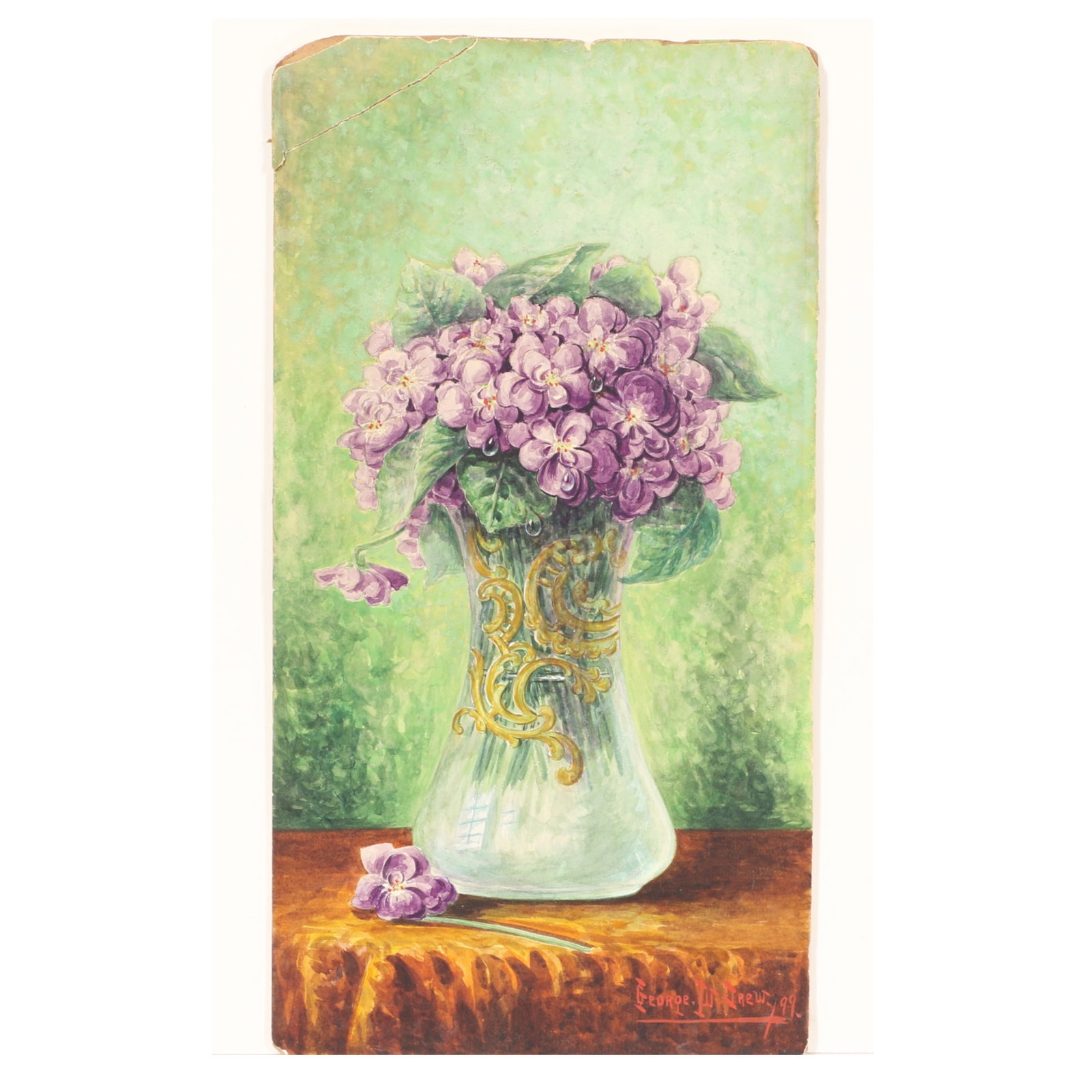 George W. Drew, New York (1875-1968), lilacs in a vase still life, 1899, oil on board, 14 3/4"H x: George W. Drew New York (1875-1968) lilacs in a vase still life, 1899 oil on board Signed and dated lower right. Upper left corner of board is very loosely attached. From the Archives of askArt: Biogr
