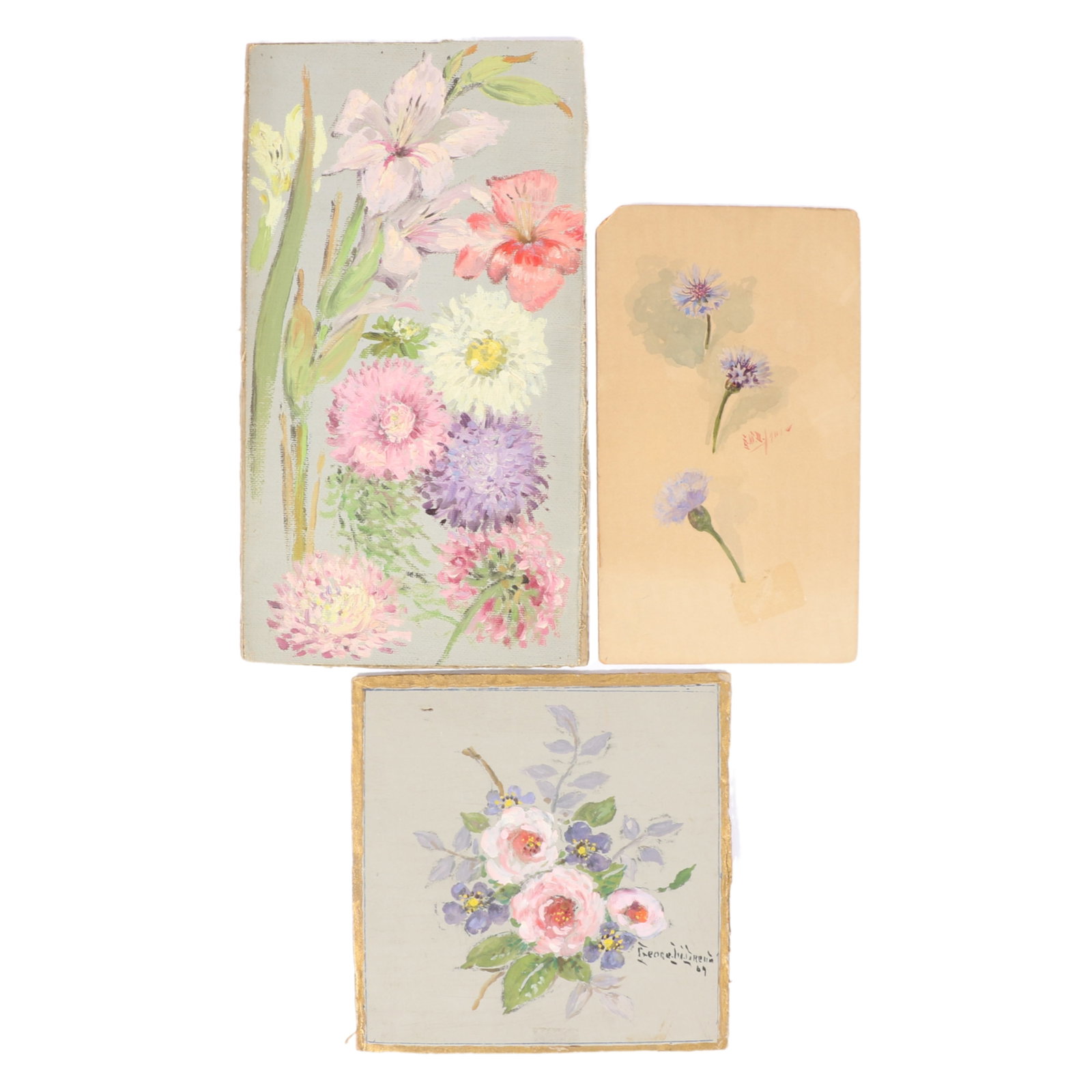 George W. Drew, New York (1875-1968), floral still lifes / floral studies, 1901, 1909, oil on canvas: George W. Drew New York (1875-1968) floral still lifes / floral studies, 1901, 1909 oil on canvas mounted on board (largest) Gilt-edge pink flowers are on cardboard, signed and dated lower right. Doub
